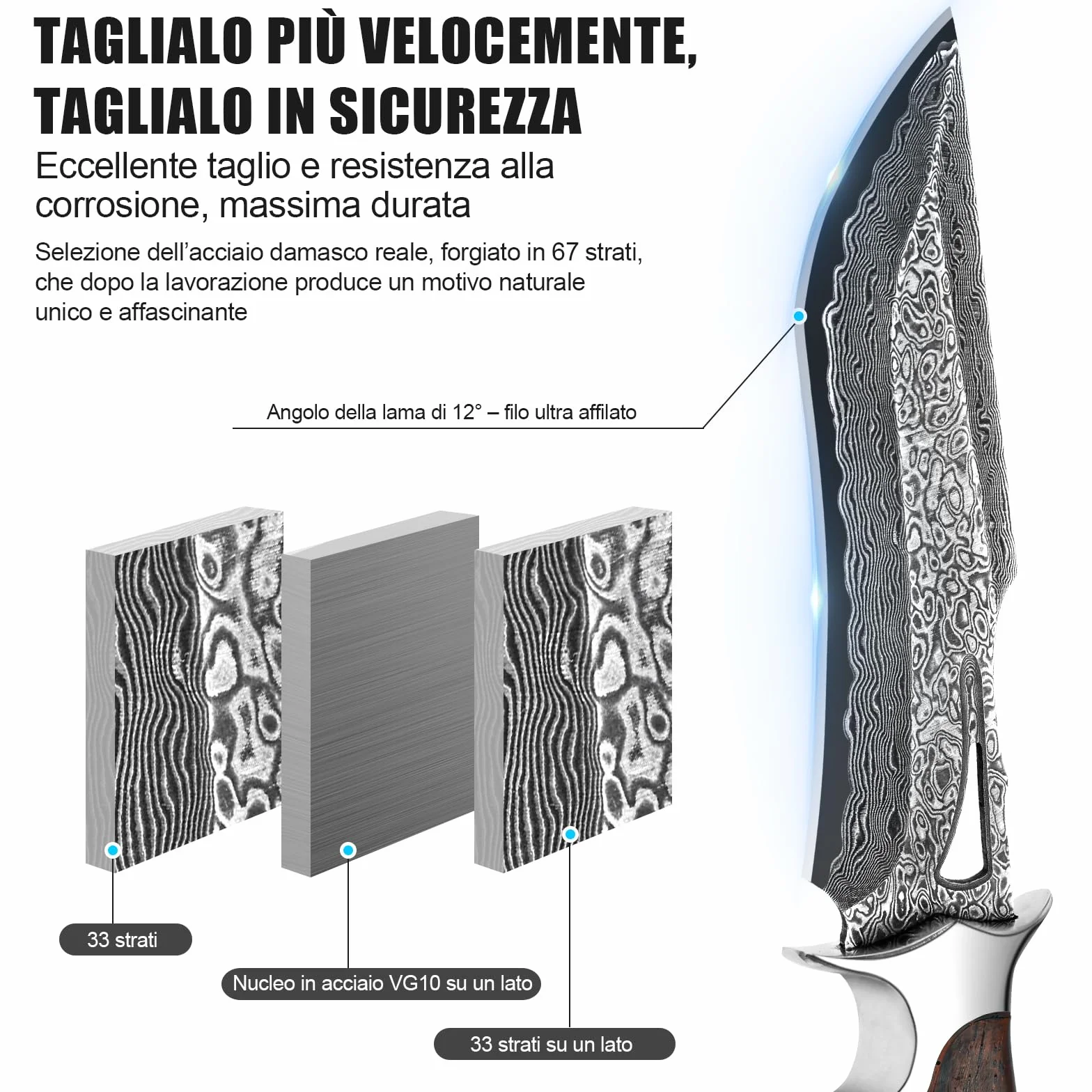Coltello Outdoor in Acciaio Damasco 26,4 cm con Fodero, Lama Fissa Artigianale VG10, Manico in Legno, per Camping, Bushcraft e Attività all’Aperto