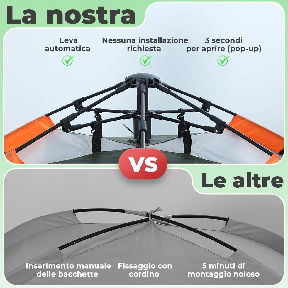 Tenda Campeggio 2-4 Persone Automatica Doppia Porta Anti UV Impermeabile 2 in 1 Interna Esterna
