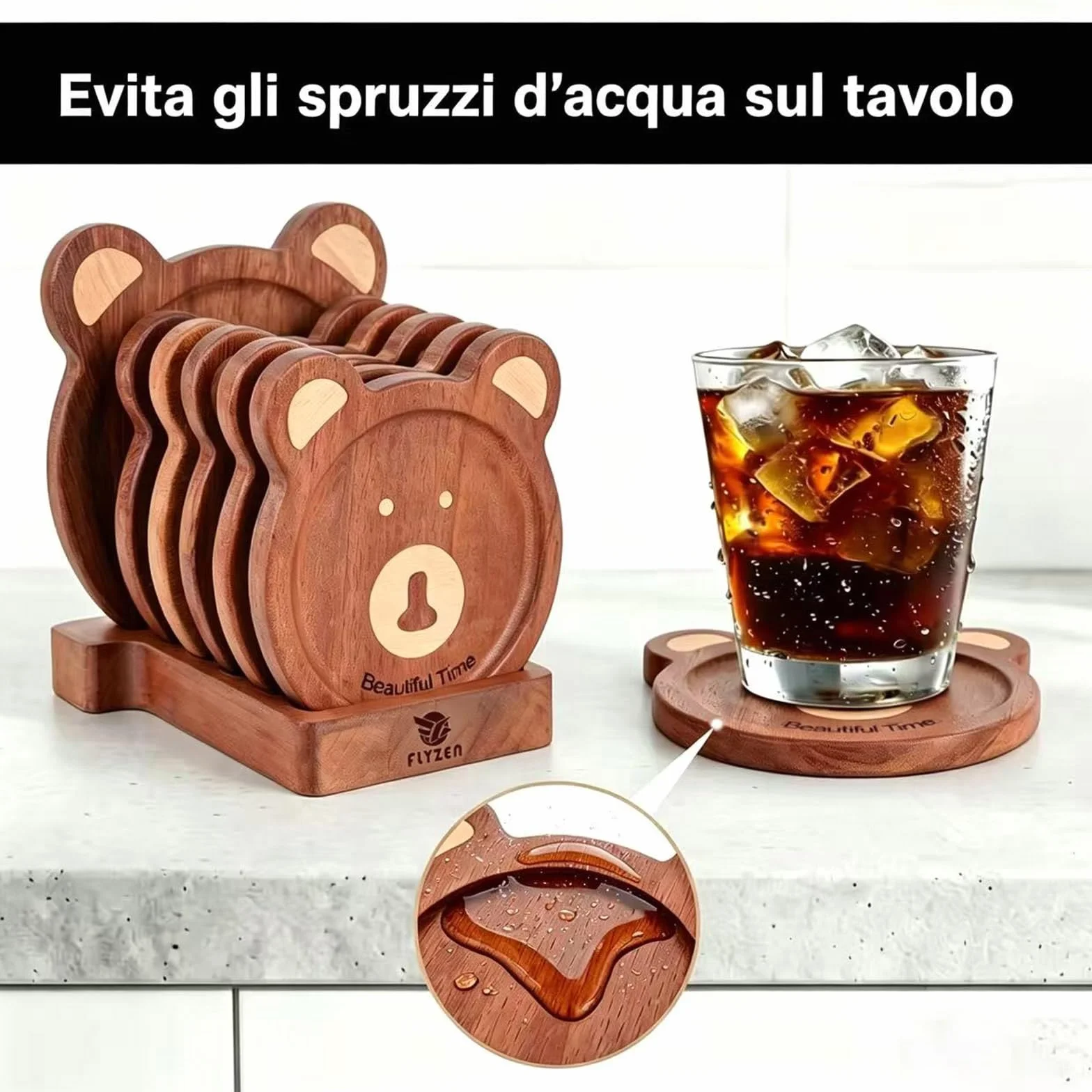 Set 6 sottobicchieri legno rotondi orso incastonato mano 11,5x9,5x1 cm marrone scuro