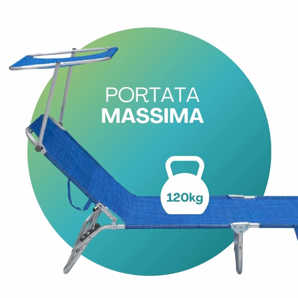 PALUPLUS Lettino Prendisole Pieghevole con Tetto Parasole con BORSA Portalettino, Misura 180x55x90 cm, Tessuto Textilene, Struttura Metallo Tubolare da 18mm, Peso Max 120kg -9301F (Blu)