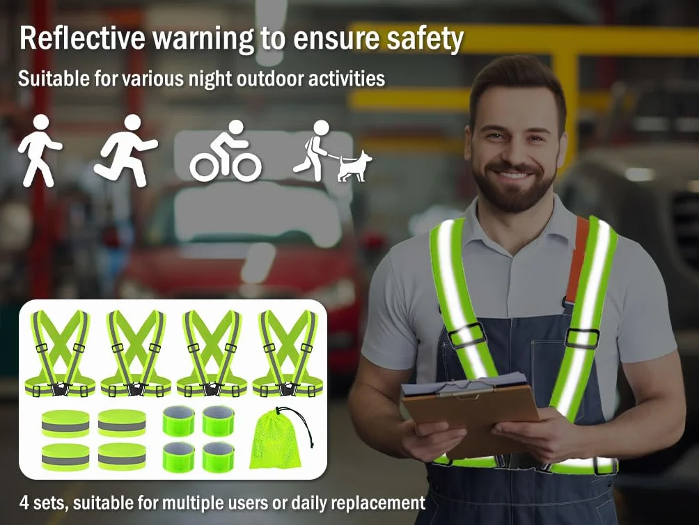 Gilet Catarifrangente Regolabile ad Alta Visibilità con Braccialetti Riflettenti, per Corsa Ciclismo Attività all'Aperto