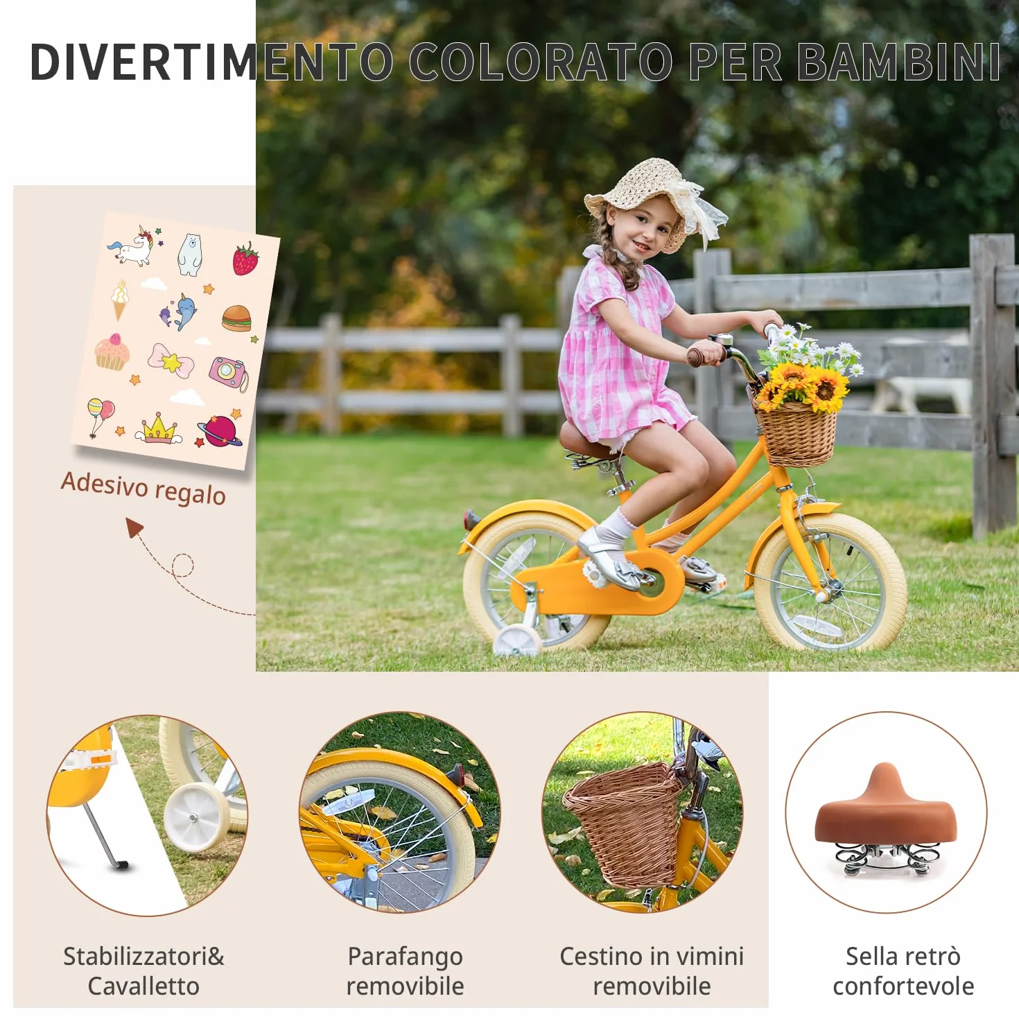 Bicicletta per bambine con cestino 12-20 pollici con campanello e stabilizzatori