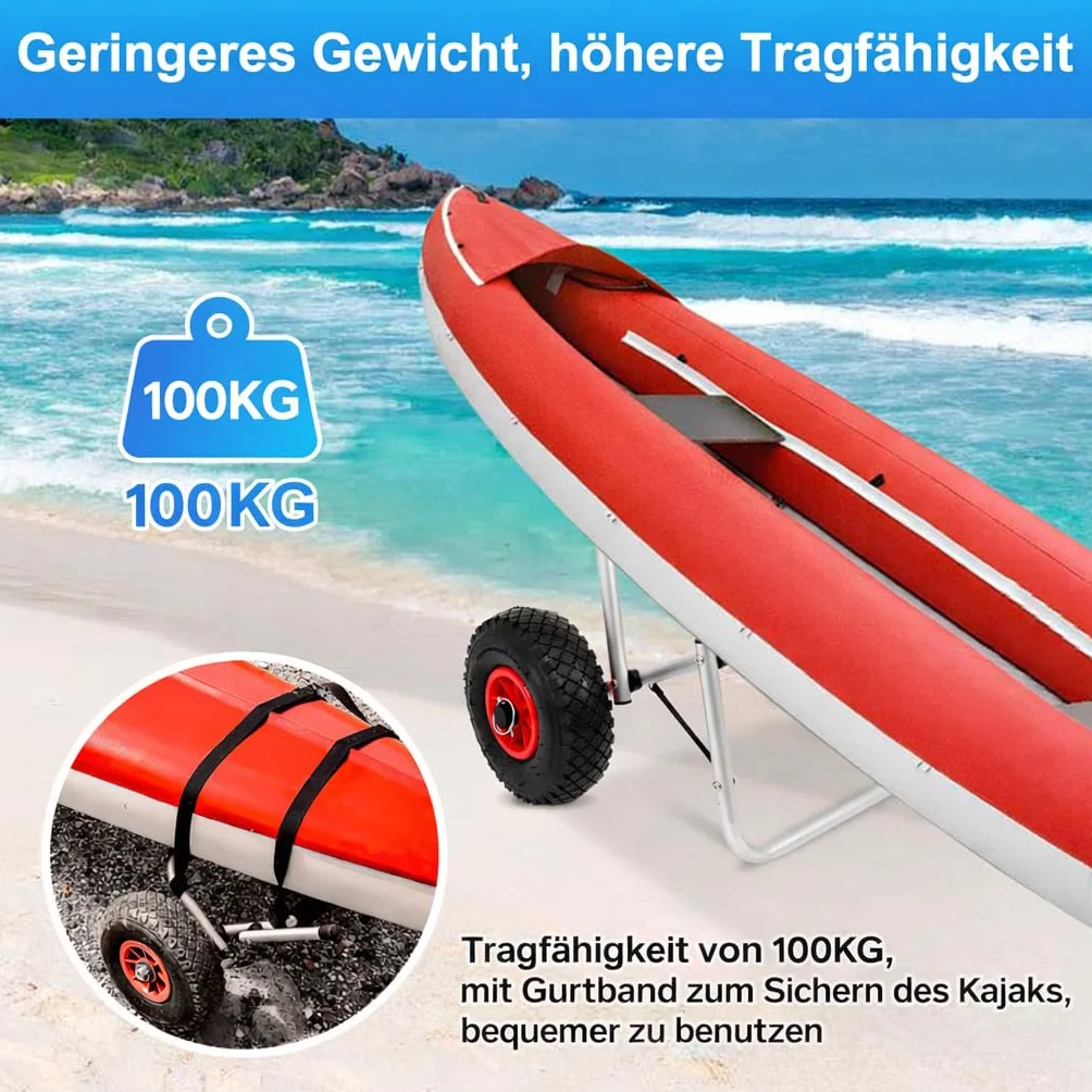 Carrello Pieghevole per Kayak in Alluminio, 100 kg, Ruote PU 26 cm, Cintura PP