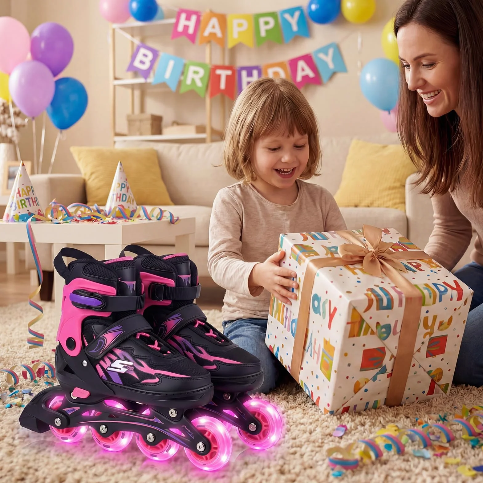COSTWAY Pattini in Linea a 4 Ruote per Bambini Regolabili 4 Taglie con Luci e Protezione 5-14 Anni