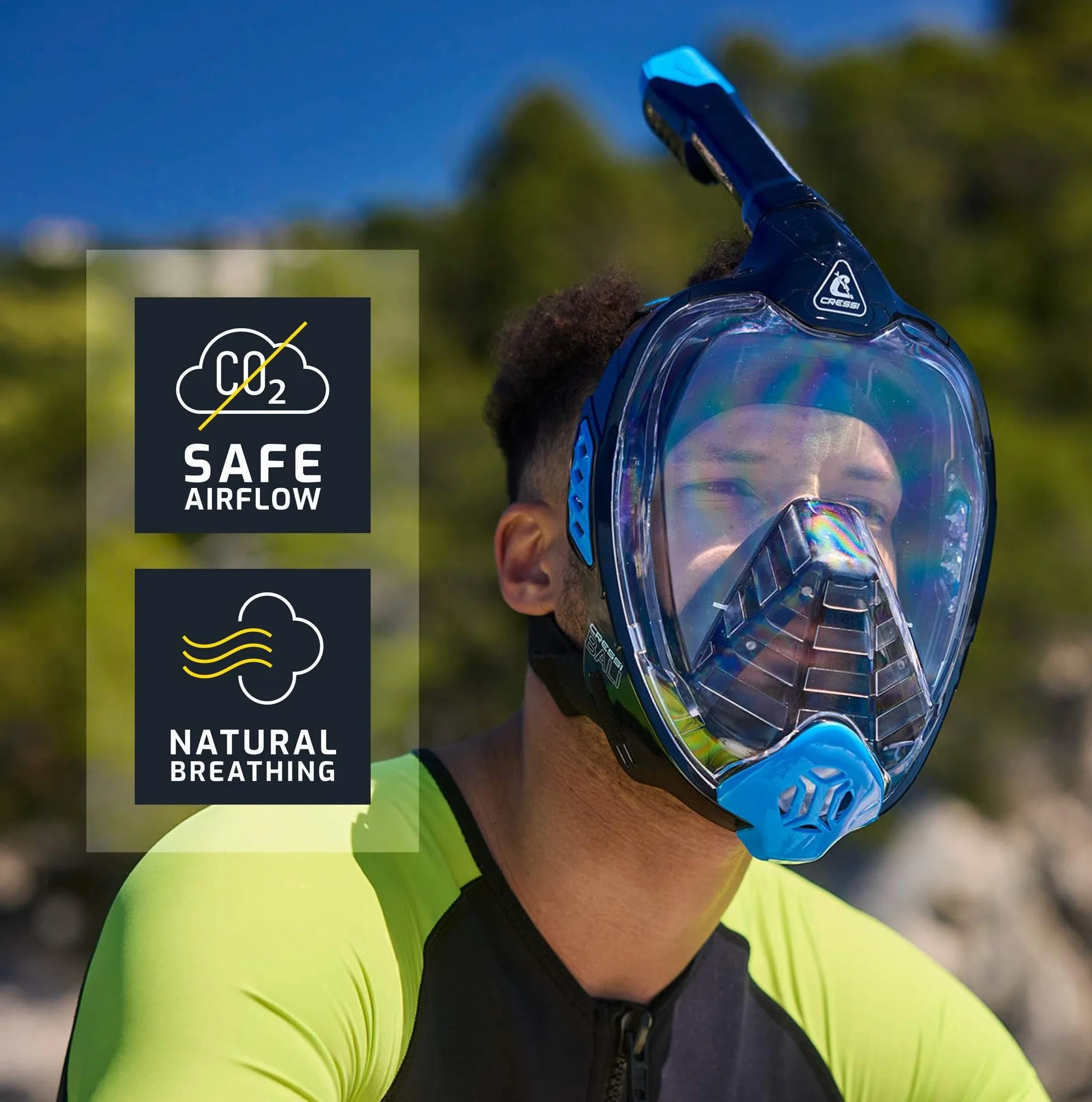 CRESSI Bali Full Face Mask Snorkeling Integrale Unisex, Lente Ultra Chiara Anti Fog, 100% Silicone, Snorkel Dry con Valvole Sicurezza