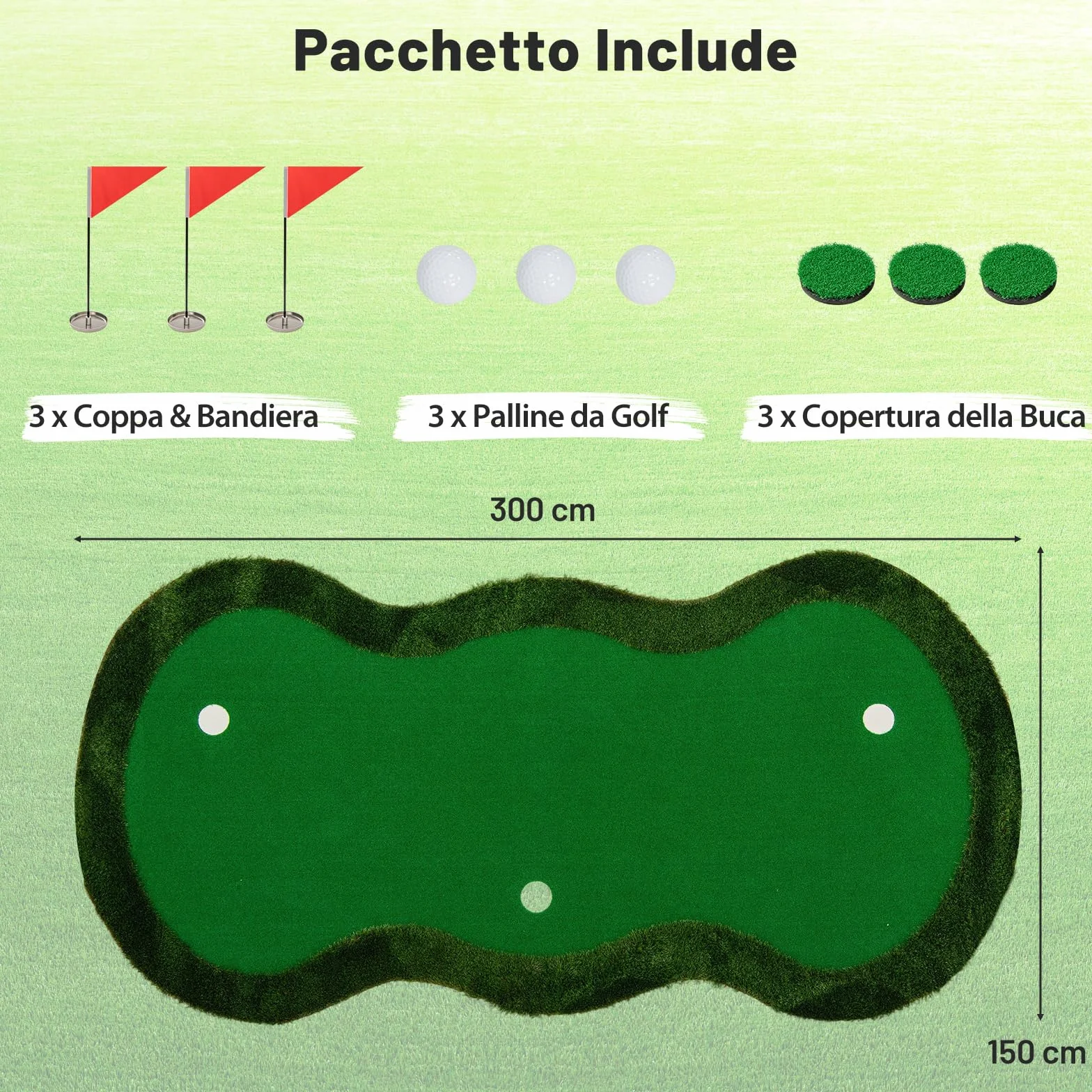 COSTWAY Putting Green Tappetino da Golf 300x150 cm 3 Buchi con Palline