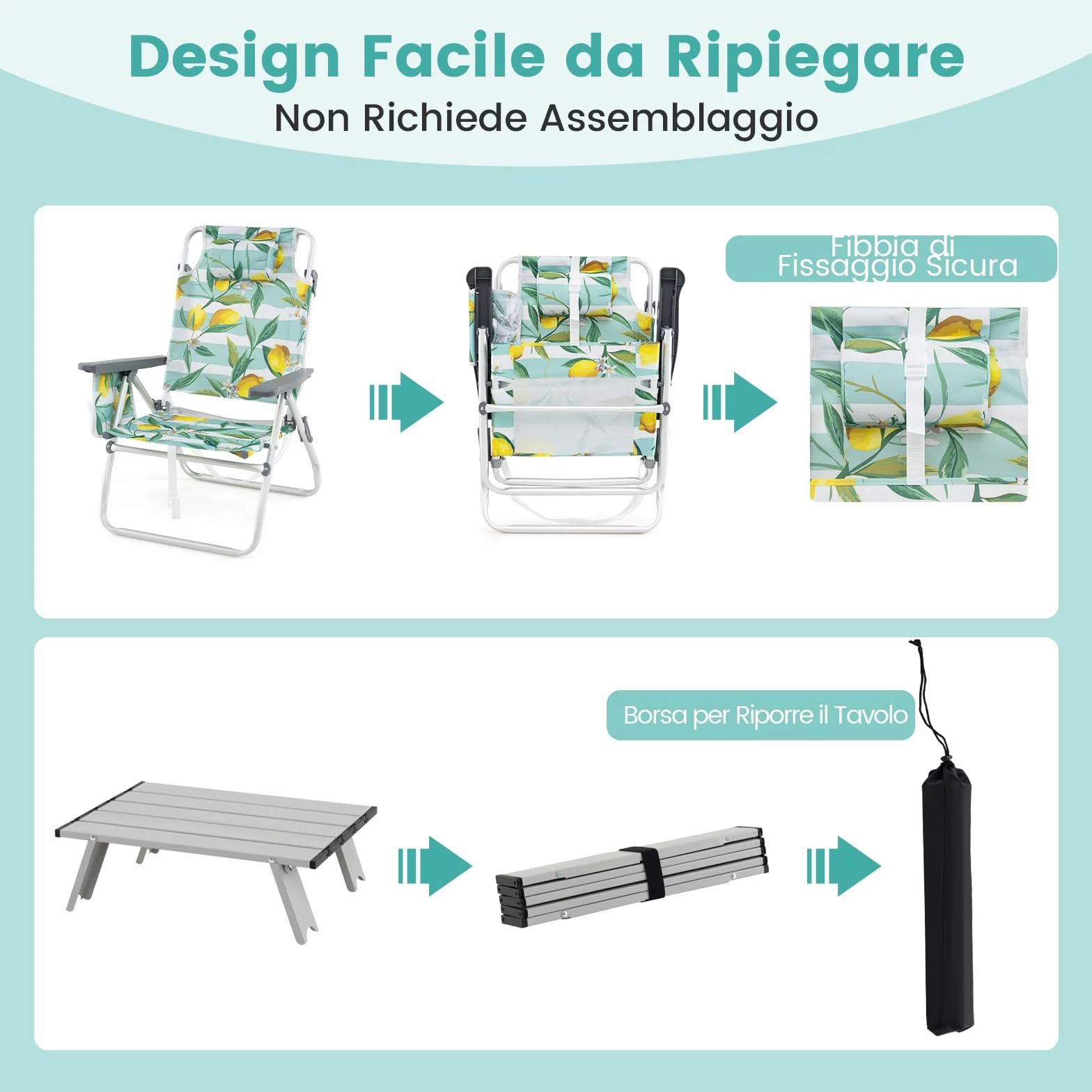 RELAX4LIFE Set di 3 Tavolo e Sedie da Campeggio Pieghevole in Alluminio con Schienale Regolabile a 5 Posizioni, Portabicchieri, Borsa da Trasporto, Verde