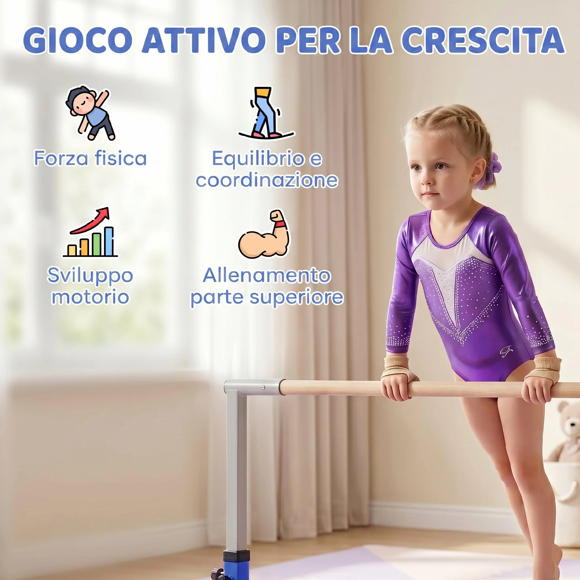 HOMCOM Barra da Ginnastica Artistica per Bambini 3+ Anni Altezza Regolabile 92-150 cm Acciaio Legno Massello Faggio Sbarra Orizzontale Danza Attrezzatura Palestra Antiscivolo