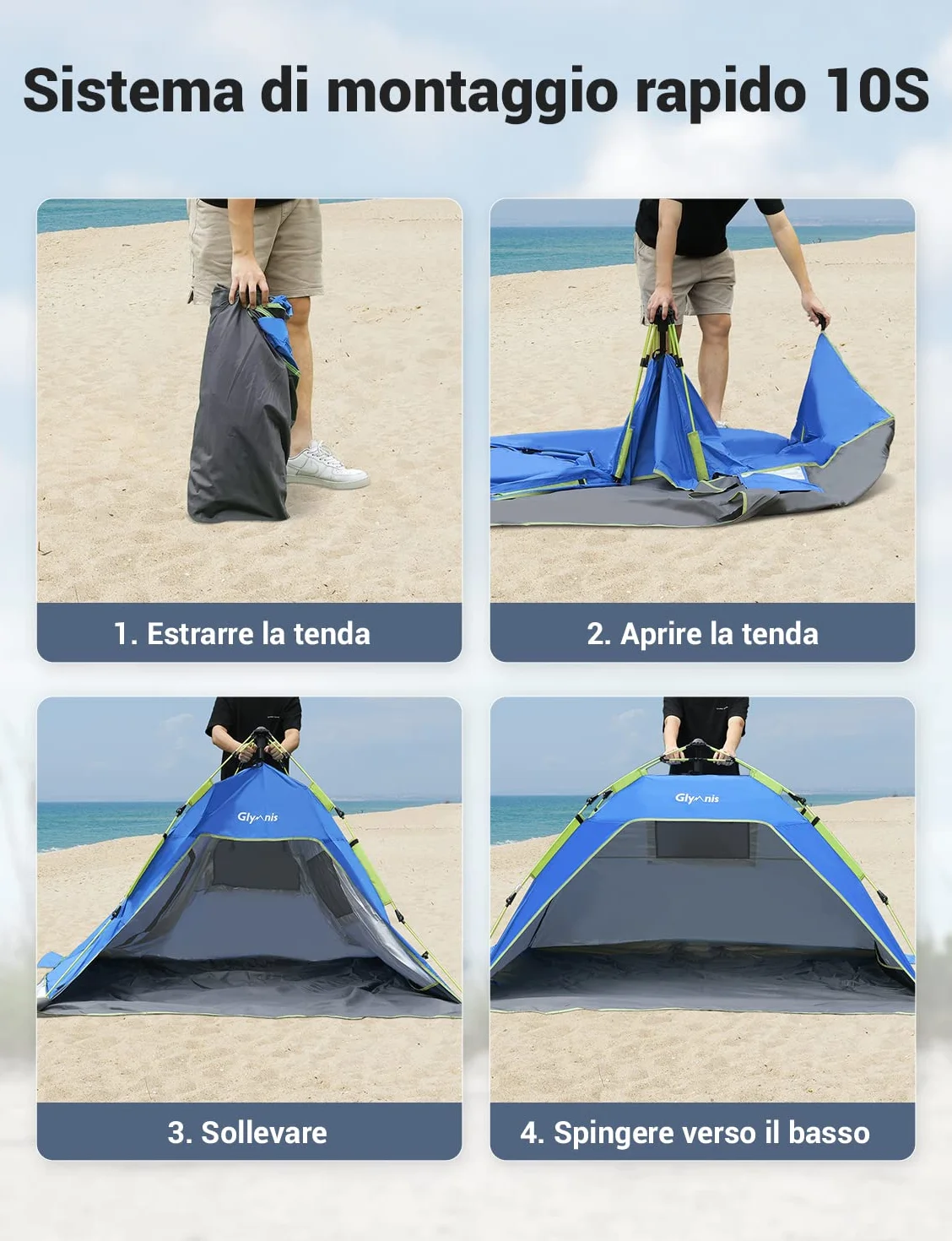 Tenda da Spiaggia Quick-up UPF 50+ 215x150x115cm 3-4 Persone con Finestre e Porte