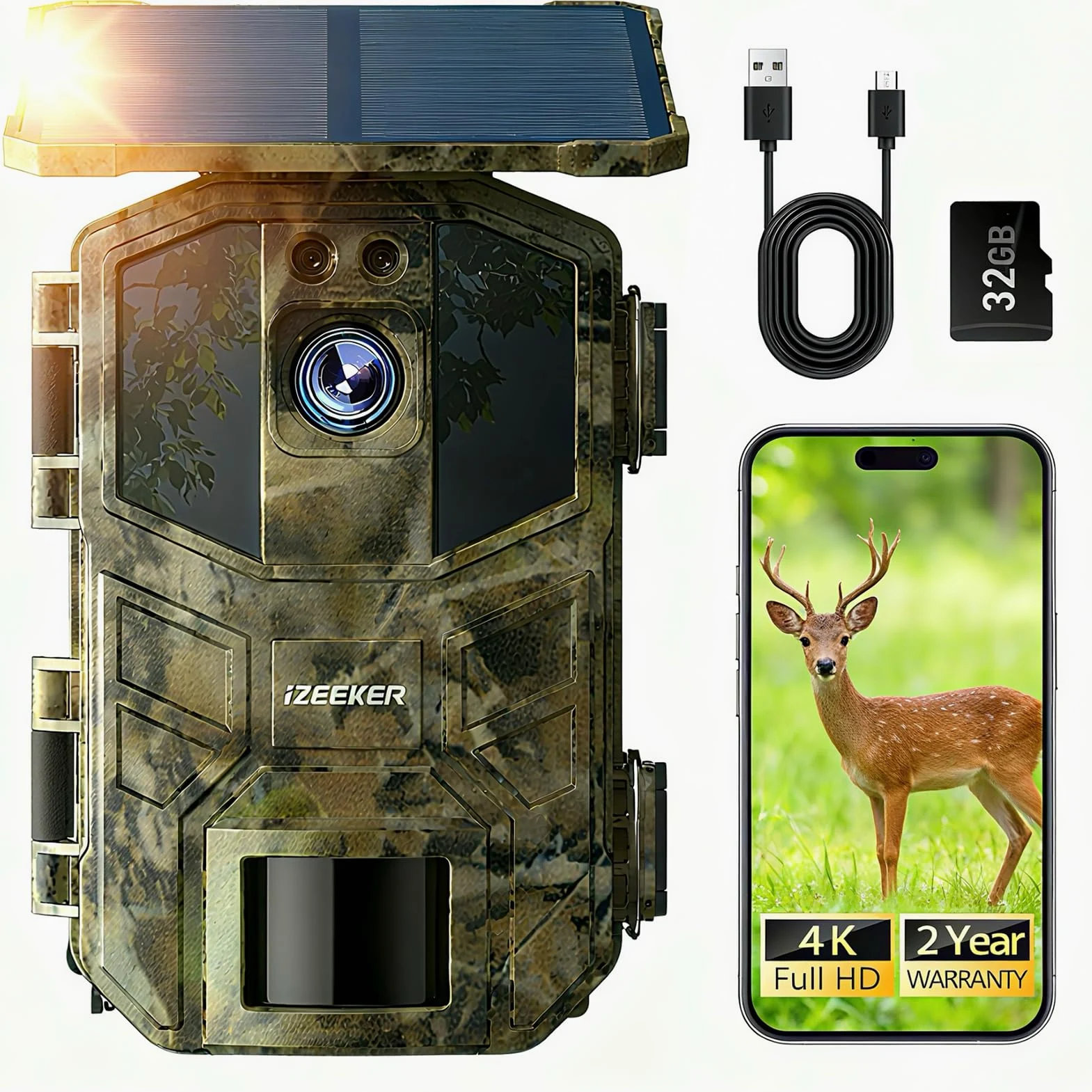 iZEEKER Fototrappola App, 4K UHD 64MP Solare Fotocamera Caccia con Scheda SD 32GB & Batteria Ricaricabile da 5200mAh, WiFi Bluetooth, Visione Notturna, Impermeabile IP66 per Monitoraggio Fauna