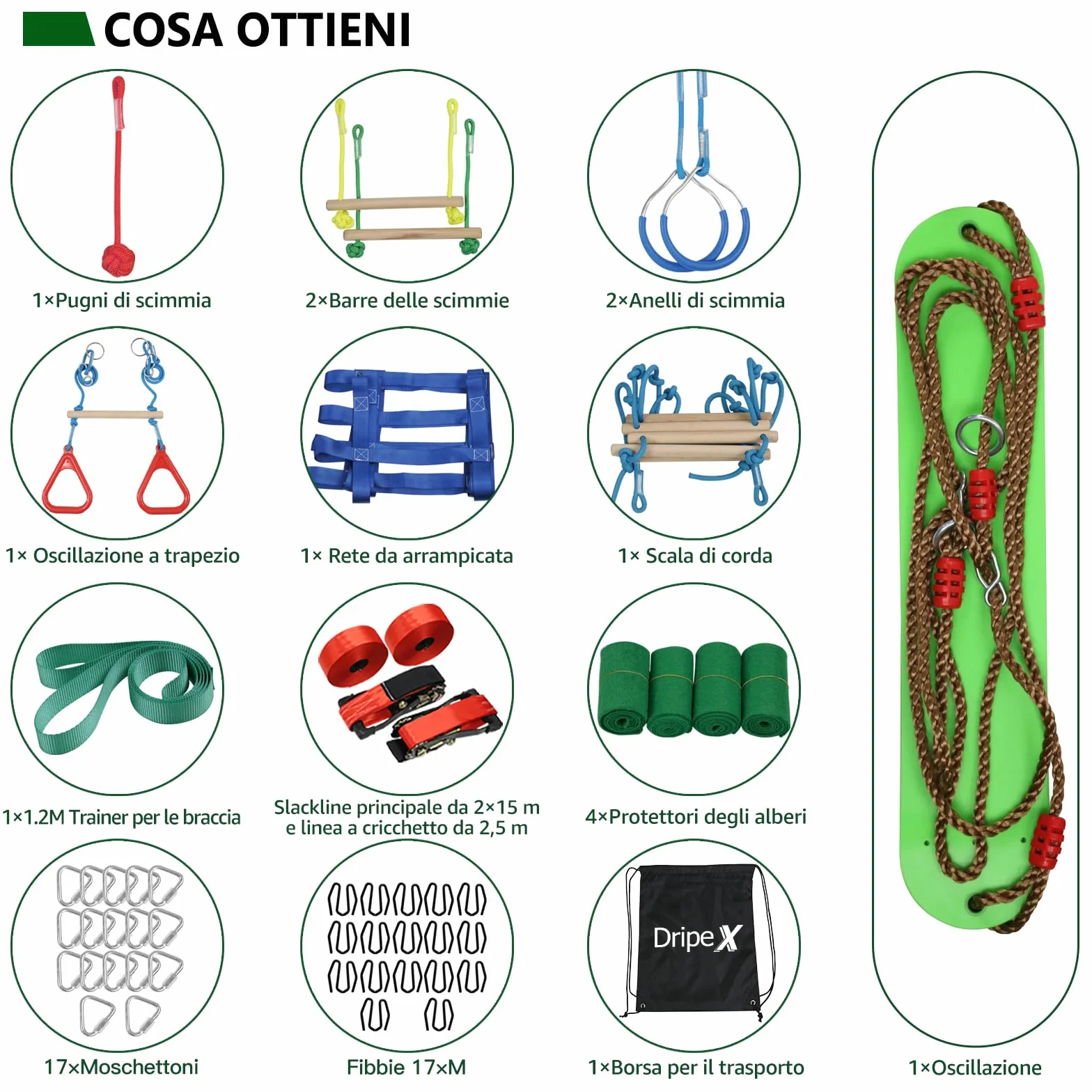 Dripex Percorso ad Ostacoli Ninja per Bambini 15m×2 Slackline 10 Ostacoli durevoli Allenamento all'aperto Cortile Altalena Rete Scala Arrampicata