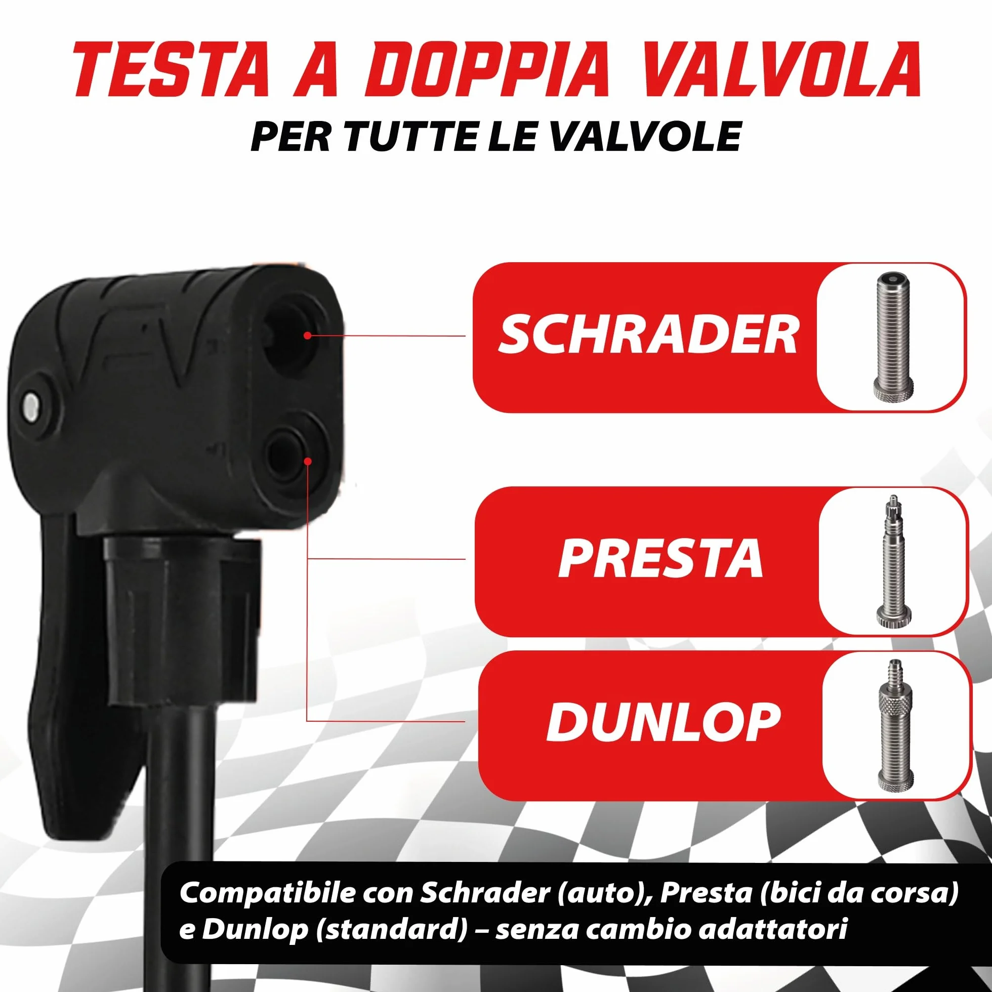 Pompa a pedale con manometro 42 cm 11 bar per valvole Schrader Presta Dunlop