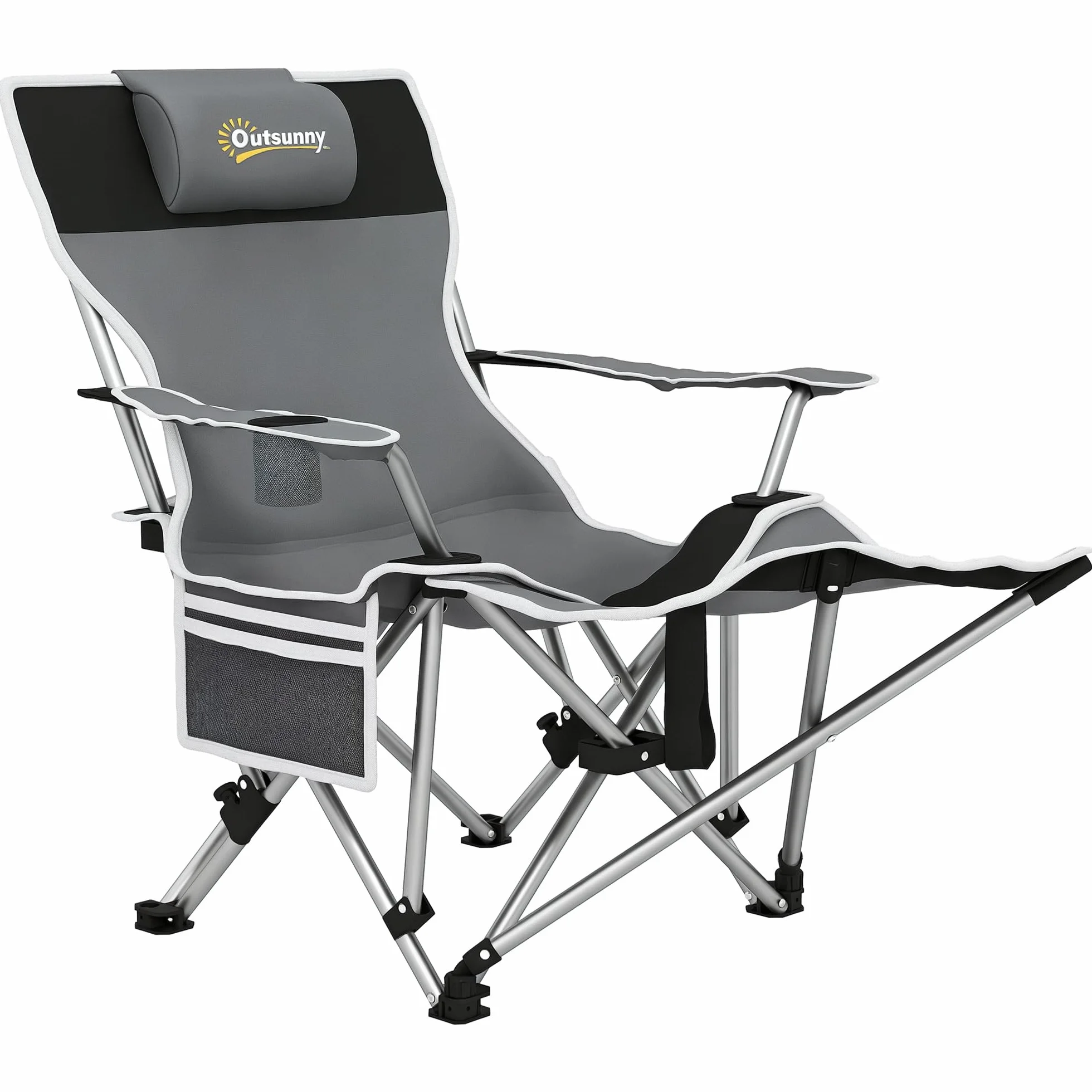 Outsunny Sedia da Campeggio Pieghevole con Poggiapiedi Staccabile, Portabicchieri e Tasca Laterale, Sedia da Giardino in Tessuto Oxford e Metallo, Portata Fino a 120 kg, 82x100x88 cm, Grigio