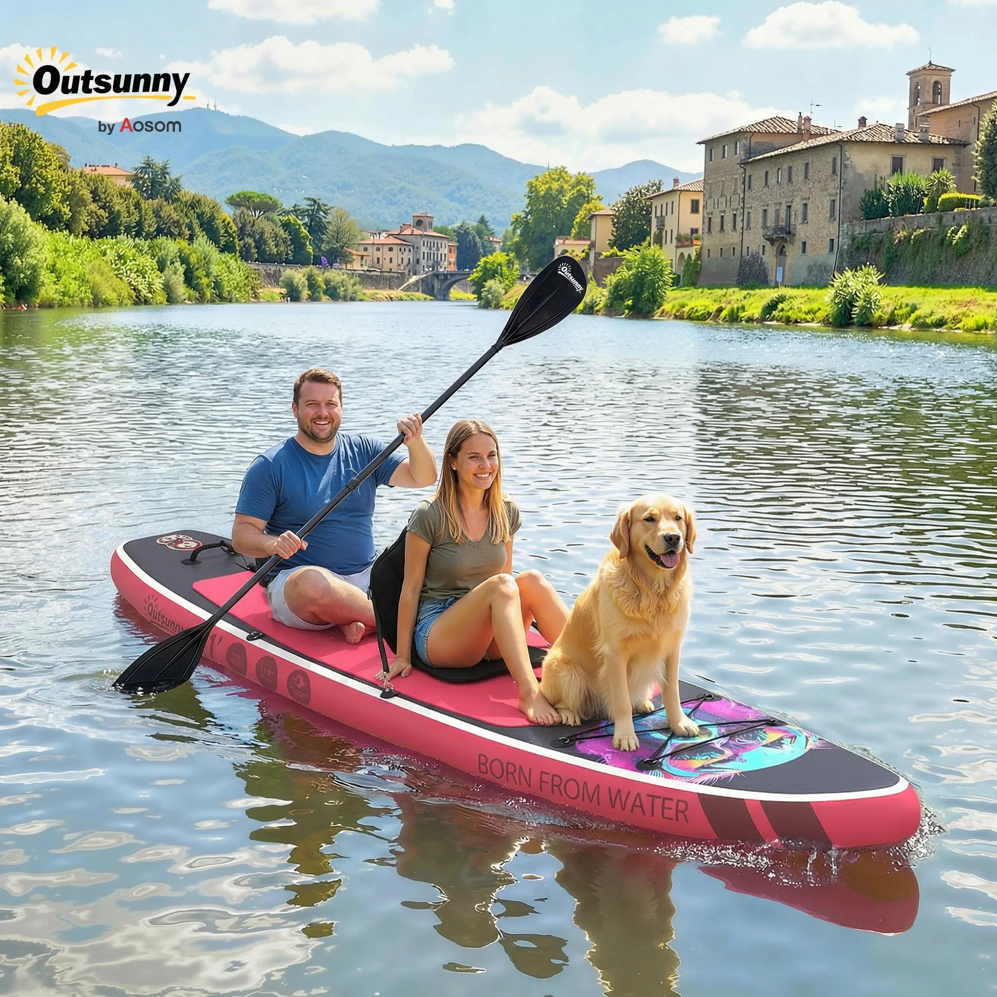 Outsunny Tavola Sup Gonfiabile Adulti, 335 cm Extra-Lunga Stand Up Paddle Board con Sedile, Pagaia Convertibile, Ponte Antiscivolo, Zaino, Pompa, 3 Pinne, Custodia Telefono Impermeabile, Carico 180kg