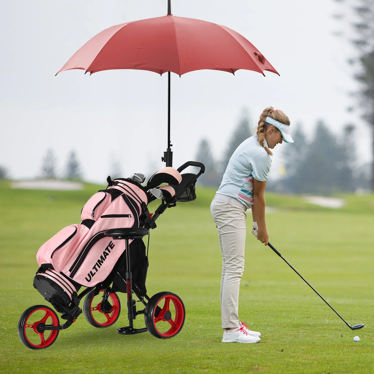 COSTWAY Carrello da Golf Pieghevole 3 Ruote, Trolley Altezza Regolabile Alluminio con Sedile, Porta Ombrello e Porta Bevande
