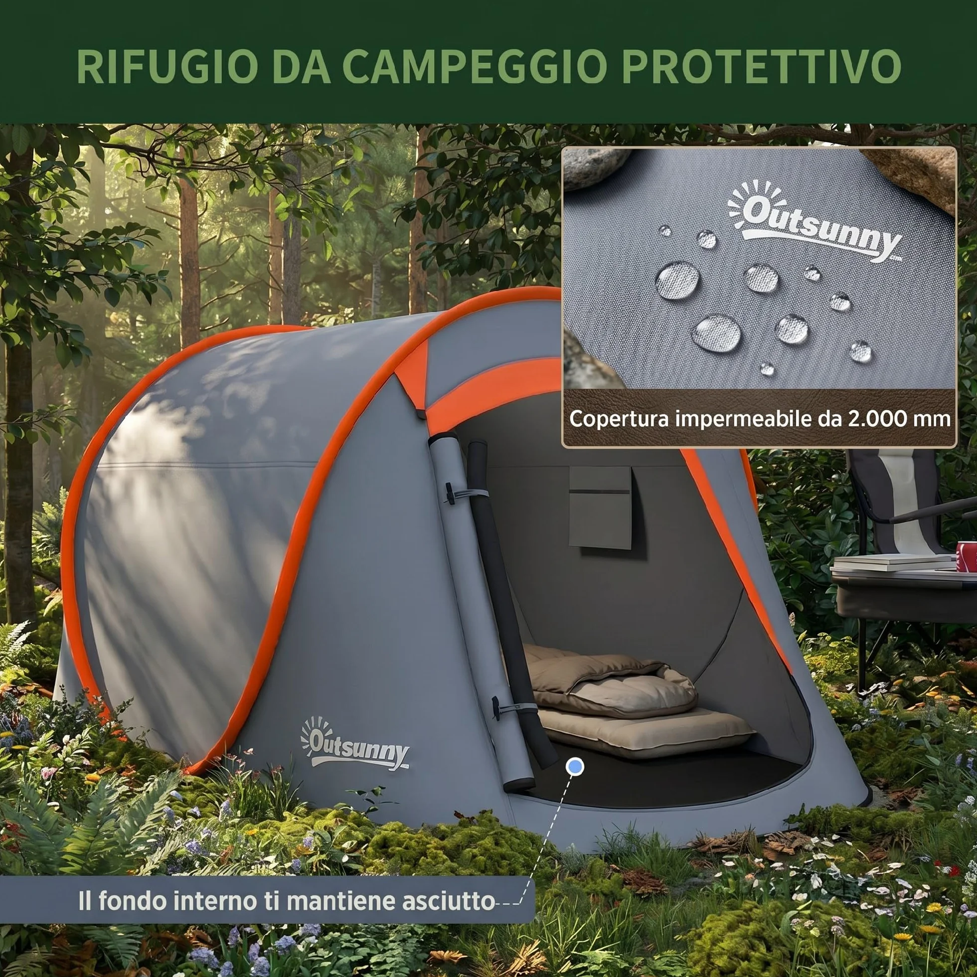 Outsunny Tenda da Campeggio Impermeabile 2-3 Posti Pop Up 245x148x105 cm