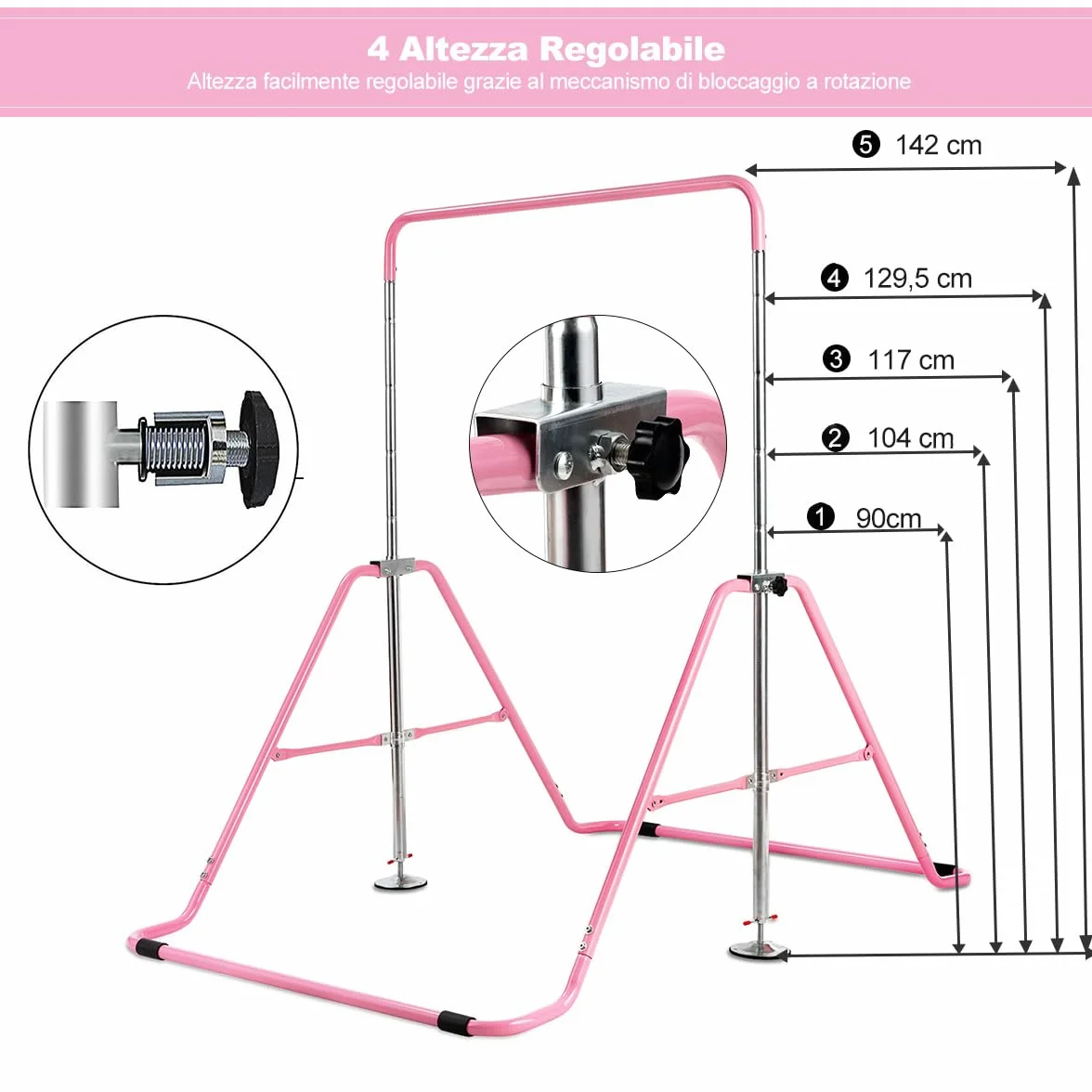 COSTWAY Sbarra Ginnastica Artistica Pieghevole, Altezza Regolabile 90-142 cm, Barra per Ginnastica per Bambini