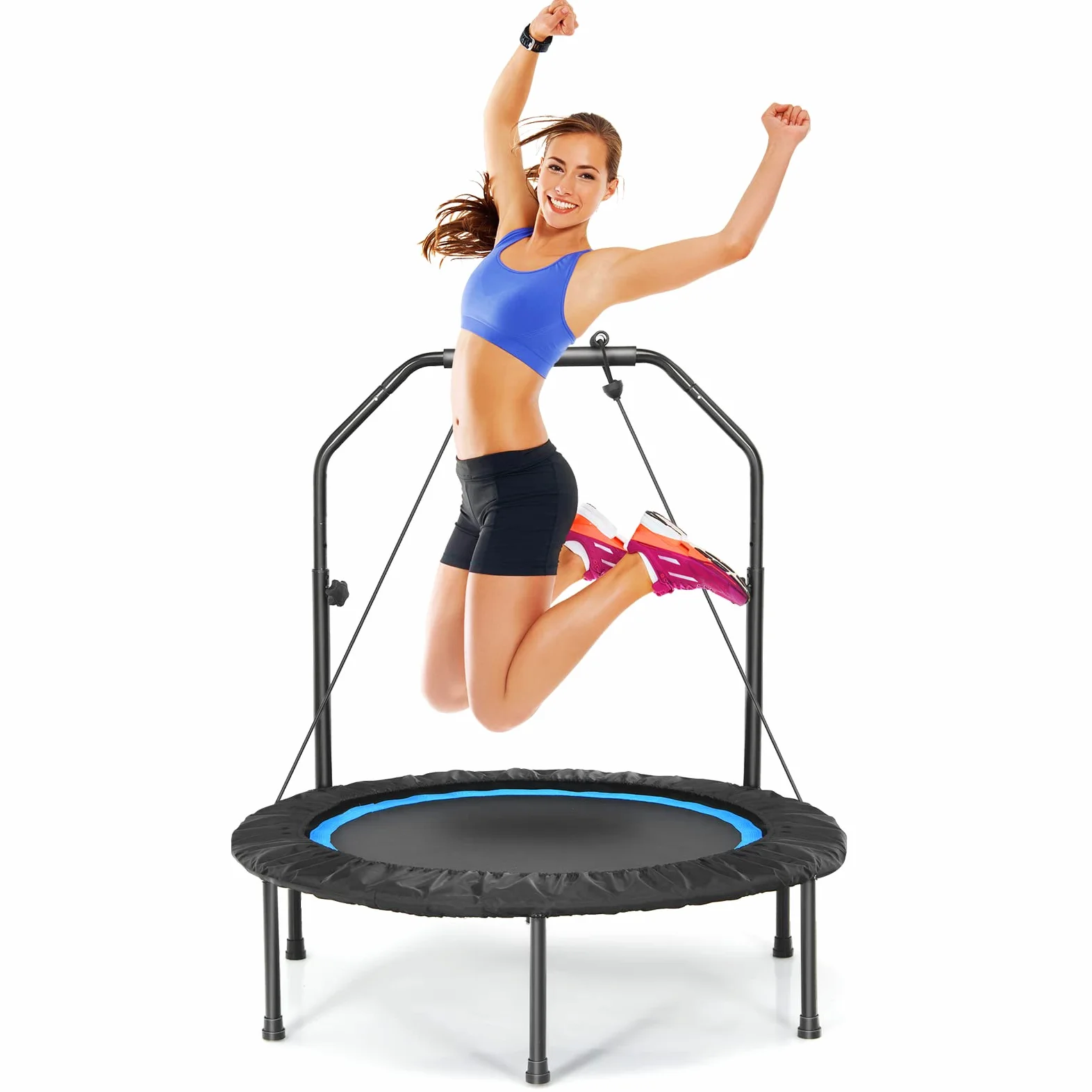 KOMFOTTEU Tappeto Elastico 2 in 1 Ø101 cm, Trampolino Elastico Fitness da Interno e Esterno con Manico Regolabile in Altezza e 2 Fasce di Resistenza, Mini Trampolino Pieghevole fino a 150 kg, Nero+Blu