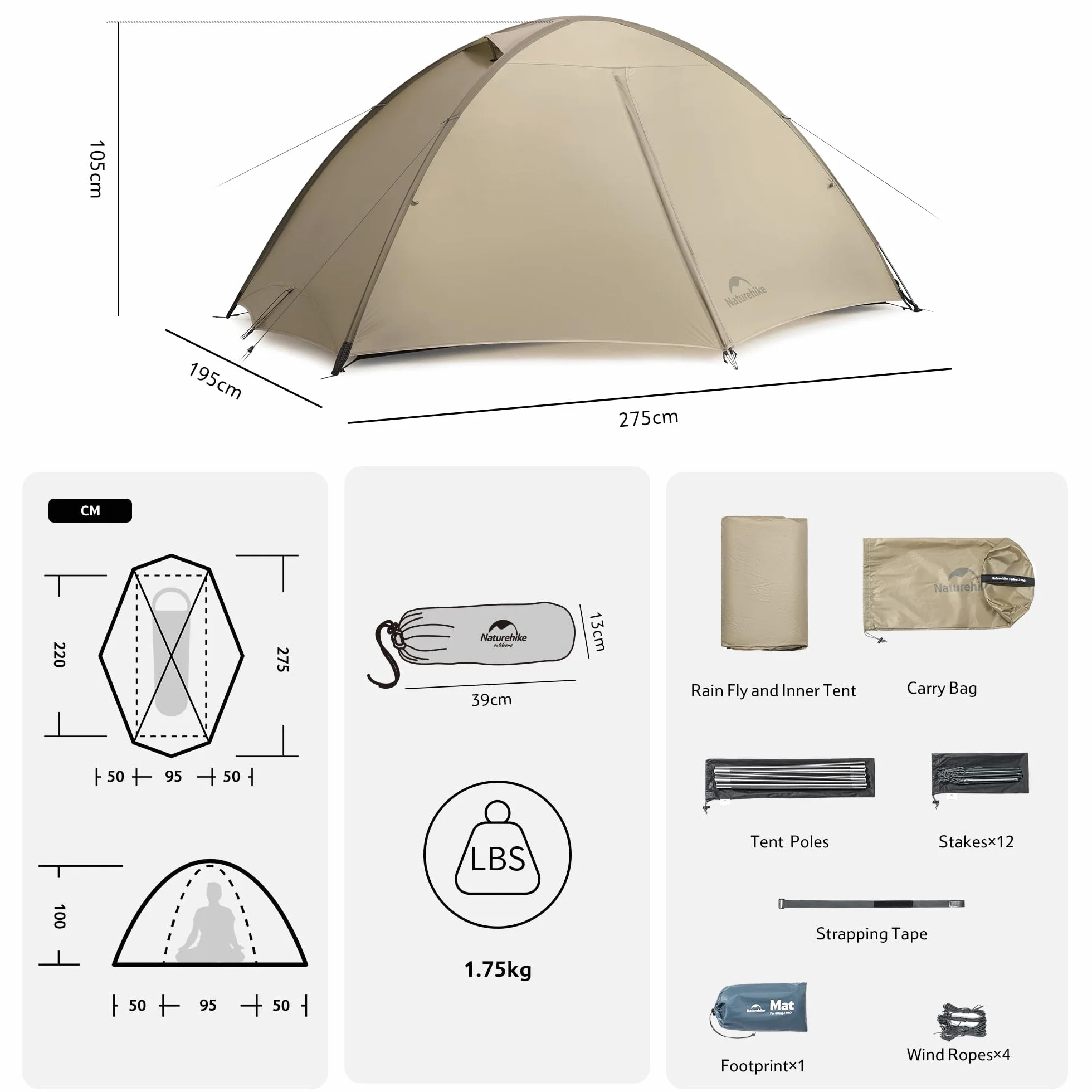 Naturehike Giling Pro/UL Tenda a Cupola 1-2 Persone 4 Stagioni Ultraleggera Impermeabile per Backpacking