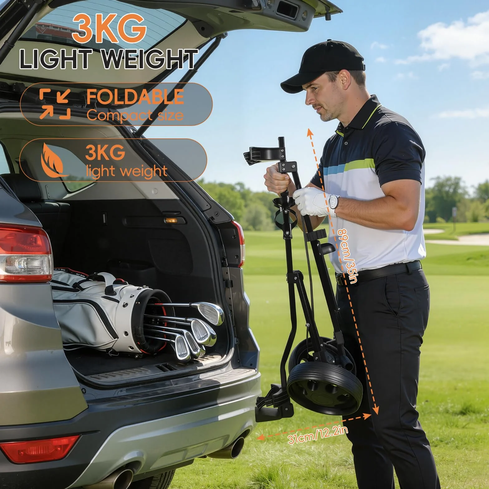 Carrello da golf a 2 ruote pieghevole in metallo leggero con segnapunti e supporto tee