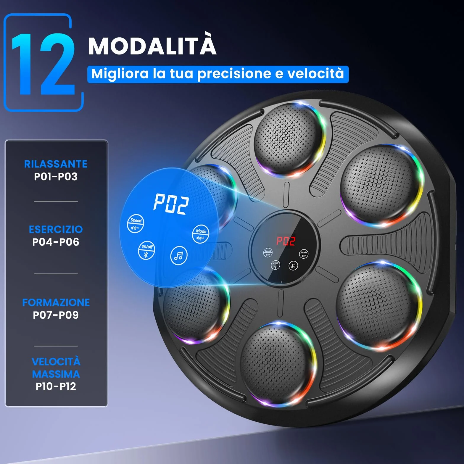 Macchina da Boxe Musicale, Extra Large Professionale a Parete con LED Dinamico et Guantone, Bluetooth Smart, Musica Elettronica a 12 velocità, per Adulti e Bambini, Interni e Palestre, Nero