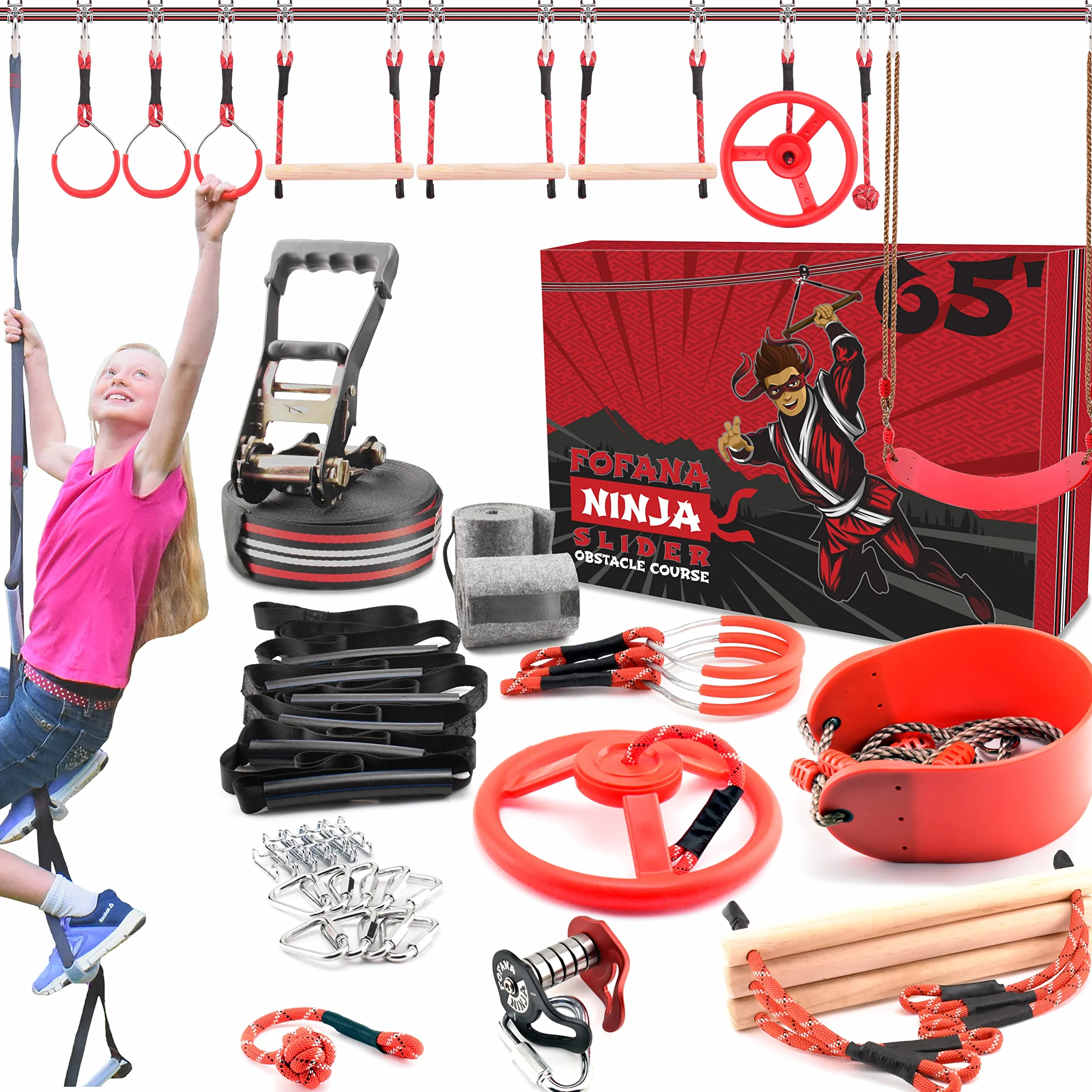 Ninja Warrior Obstacle Course for Kids 19.8m - 11 Obstacles with Ninja Slider