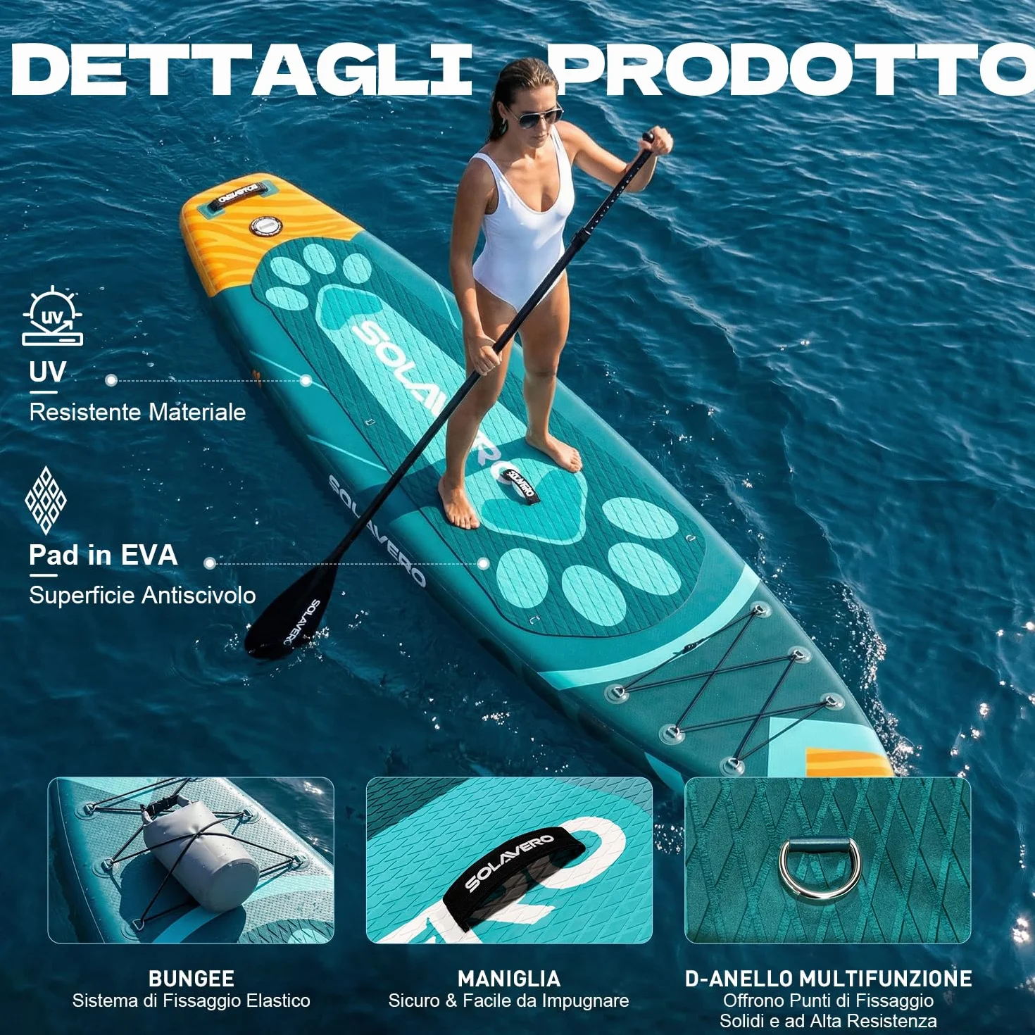 SOLAVERO Tavola da Sup Gonfiabile 323x83x15 cm Antiscivolo EVA Pagaia Regolabile 3 Pinne Fino a 200kg