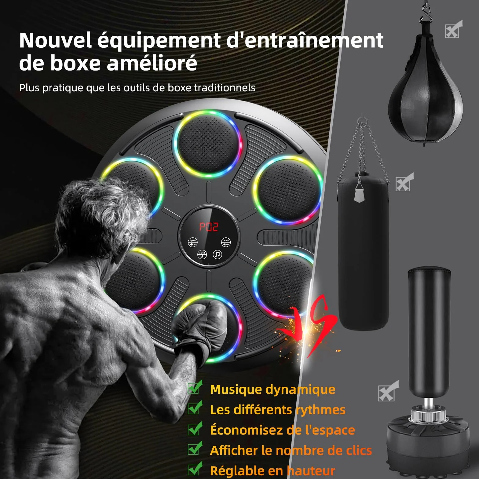 HotHands Macchina da Boxe Musicale, Extra Large a Parete Professionale a LED Dinamico a Colori Bluetooth Smart con Musica Elettronica a 12 velocità per Bambini e Adulti per Casa, Interni e Palestre