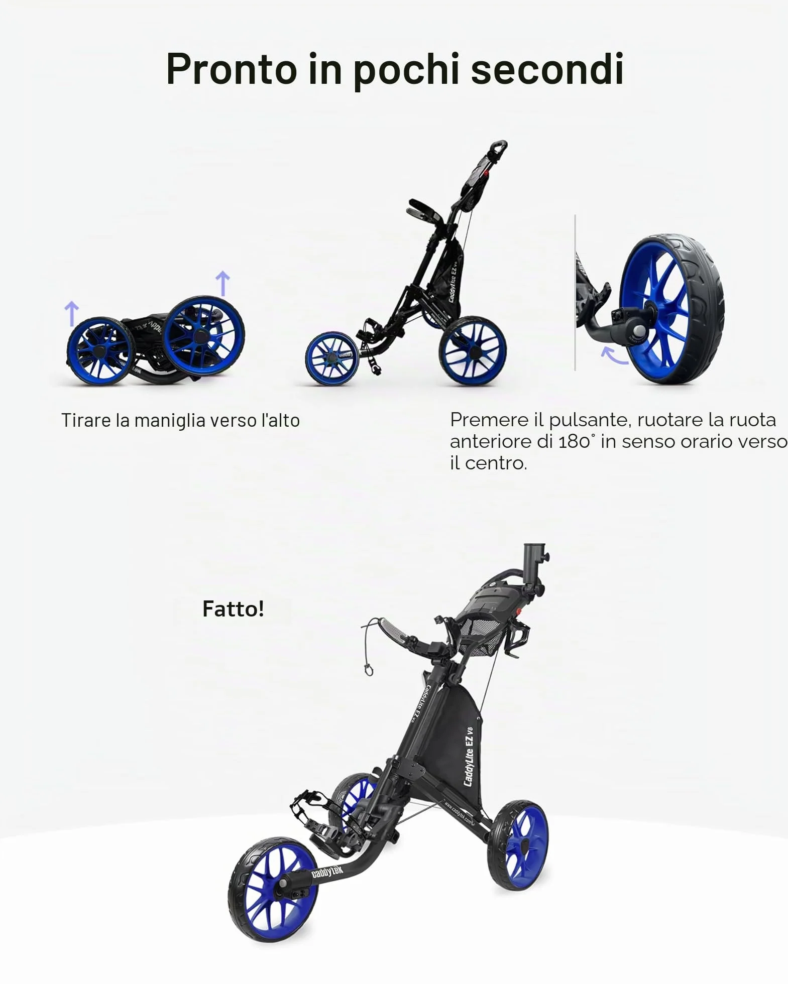 Caddytek CaddyLite EZ Fold versione 8, Carrello da golf pieghevole leggero a 3 ruote