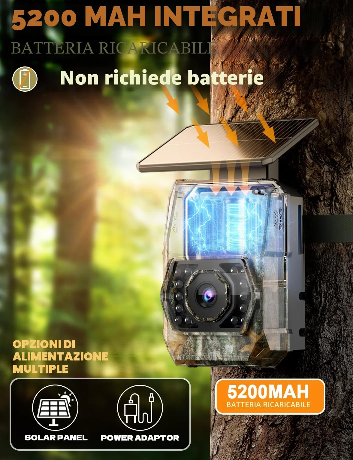 Fototrappola con Pannello Solare 60MP 4K 30fps WIFI Bluetooth App Batteria 5200mAh Angolo Rilevamento 100° HD Visione Notturna IP66