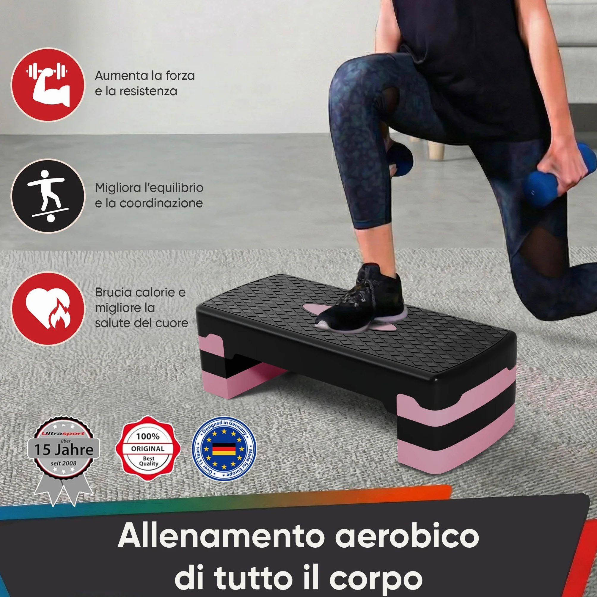 Ultrasport Step Fitness Aerobica Stepper Casa Antiscivolo Regolabile 3 Altezze Stepboard 68 x 28 cm Rosa