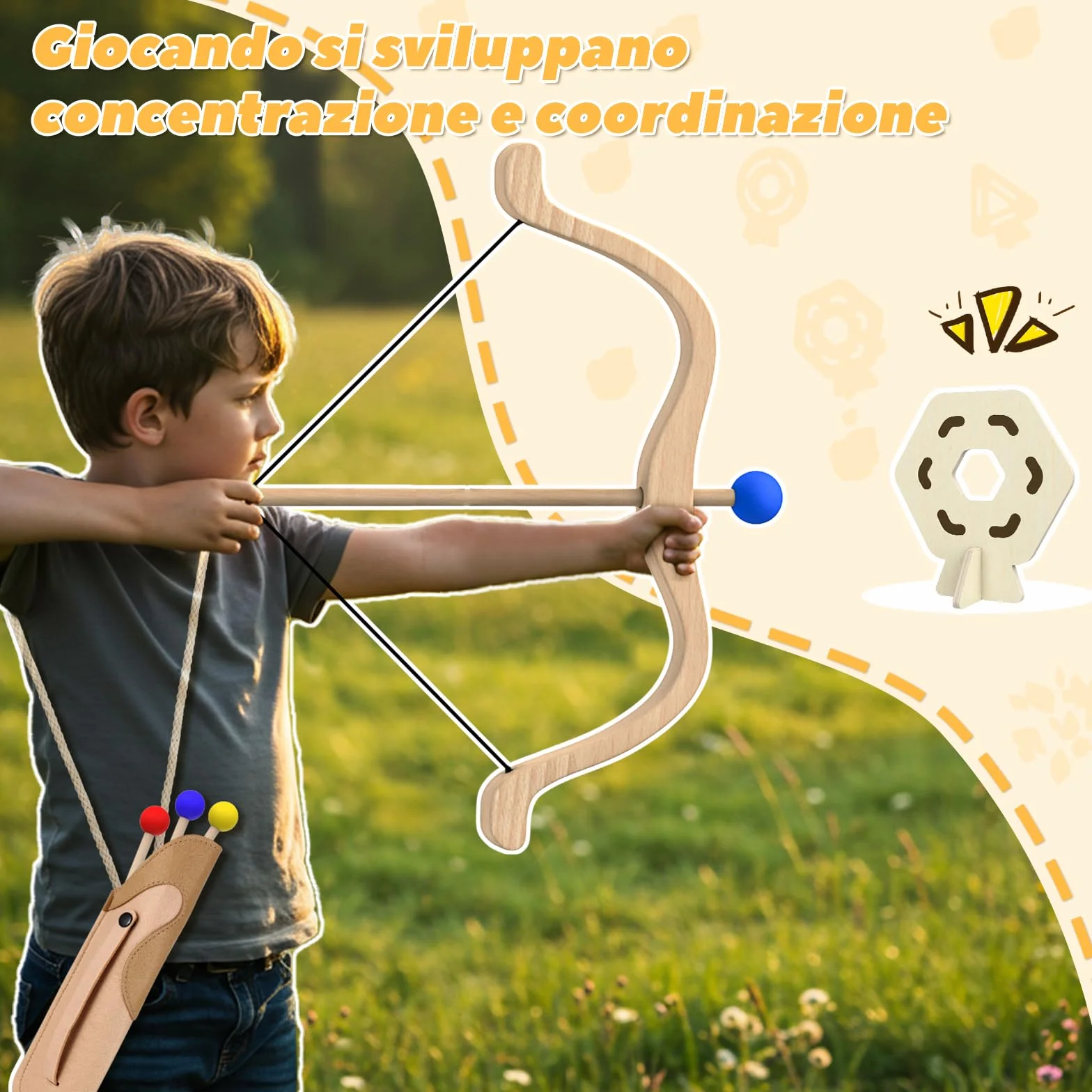 Set di Tiro con l'Arco in Legno per Bambini con 3 Frecce, 3 Bersagli e Faretra