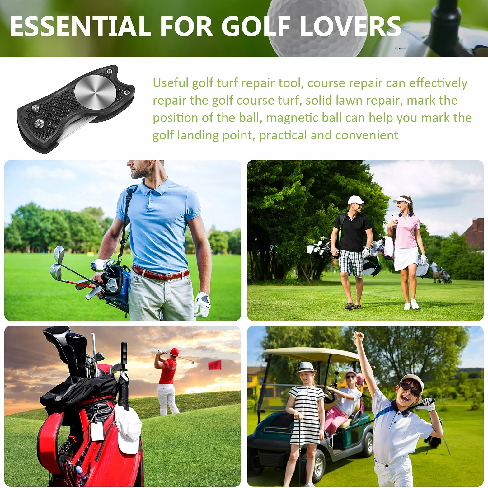 Strumento di Riparazione Divot Golf in Acciaio Inossidabile Forcone Pieghevole con Pennarello, Nero