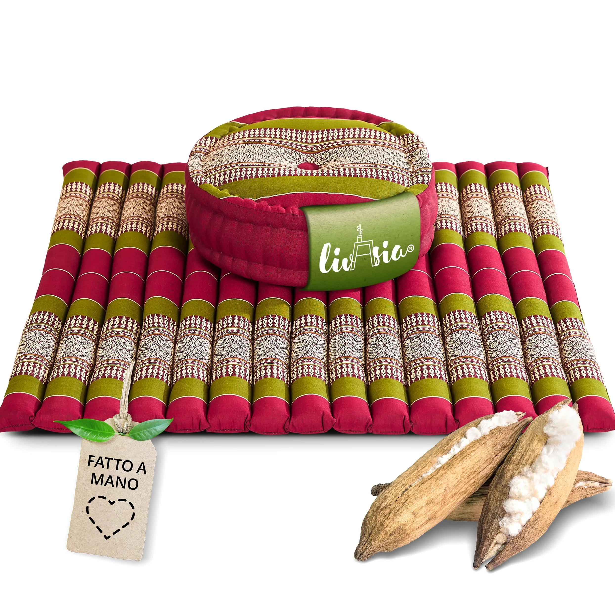 livasia Set Meditazione XL - Ø 38x15cm/tappetino 75x75x4,5cm - Set Yoga Cuscino e Tappetino, Pouf, Tappetino e Cuscino Yoga Fatti a Mano con kapok, Cuscino Pavimento, Cuscino zafu (Rosso/Verde)
