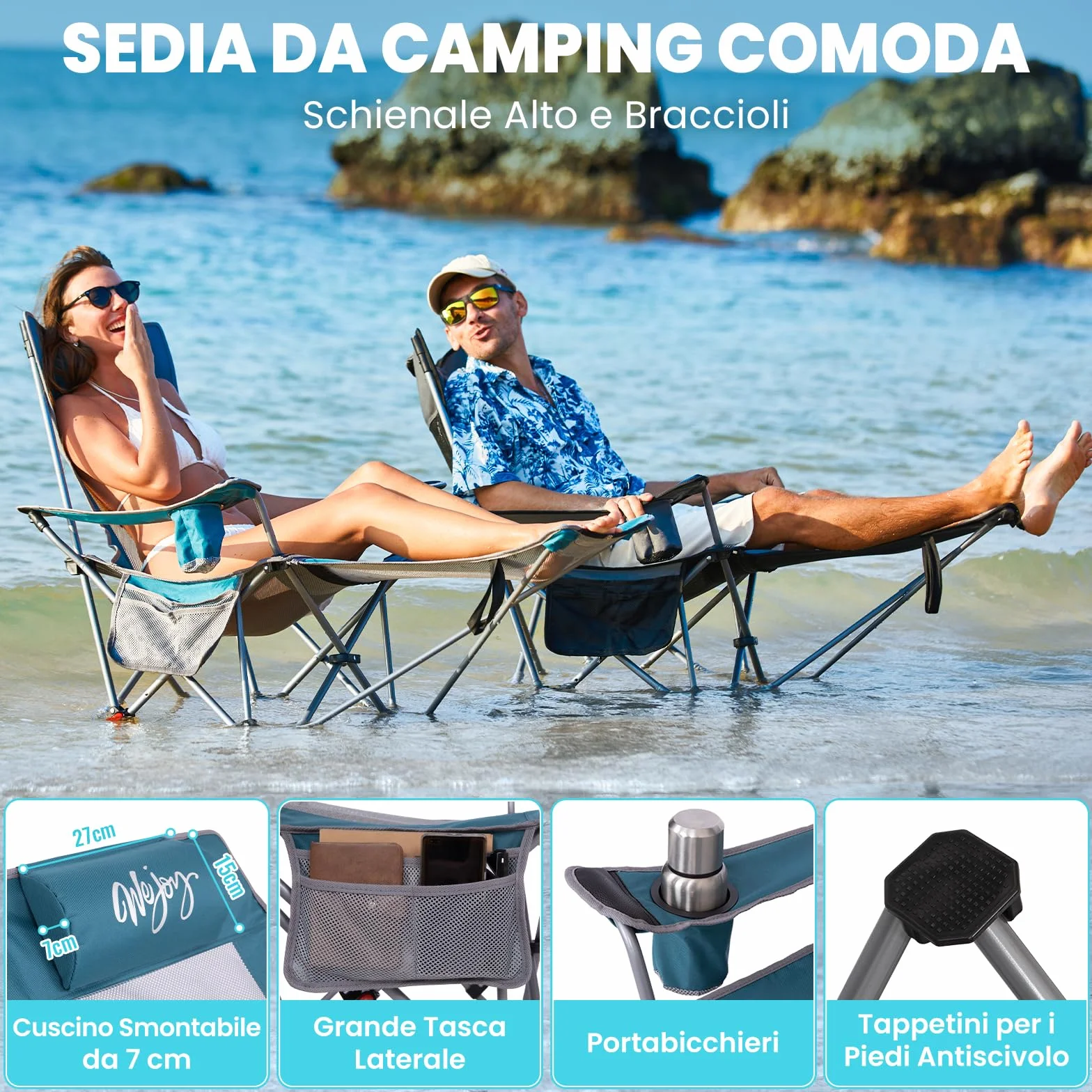 #WEJOY Sedia da campeggio pieghevole 2 in 1, 180 kg, con poggiapiedi, sedia da spiaggia con schienale regolabile in 4 posizioni, sedia a sdraio, sedia a sdraio con supporto per bevande, sedia da