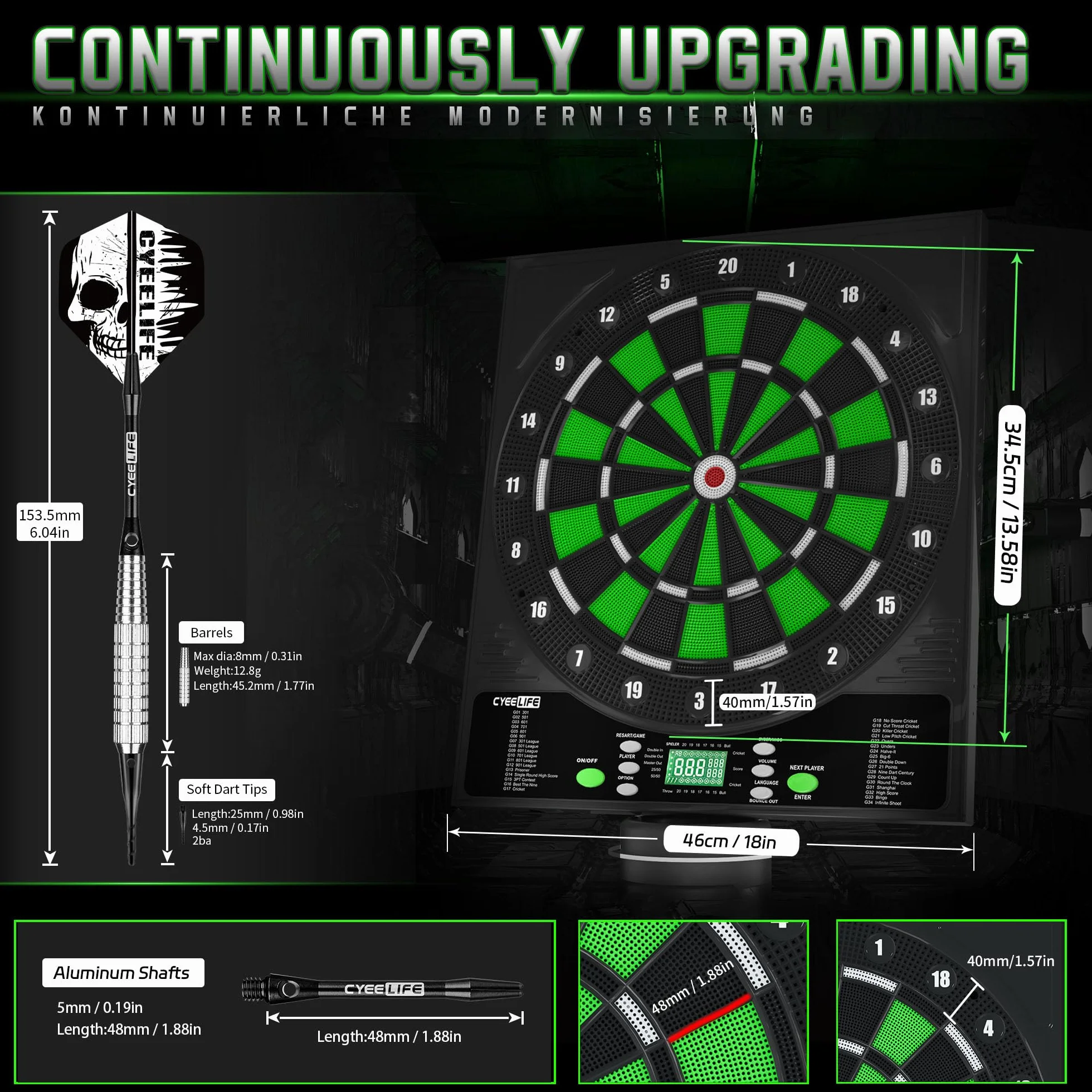 CyeeLife Tavola da Freccette Elettronica Dartboard 12 Frecce 50 Punte 24 Voli Accessori 1-8 Giocatori
