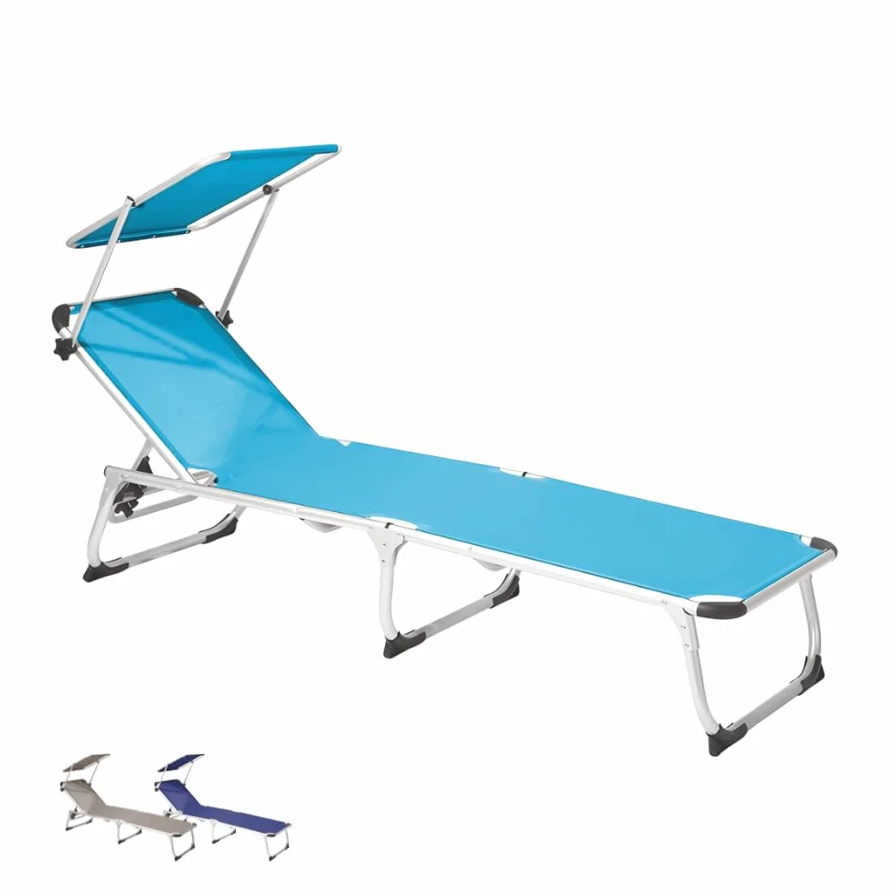 Lettino Prendisole Pieghevole in ALLUMINIO 190x60x80 cm Tessuto Textilene impermeabile tubolare 25mm Peso Max 120kg Azzurro