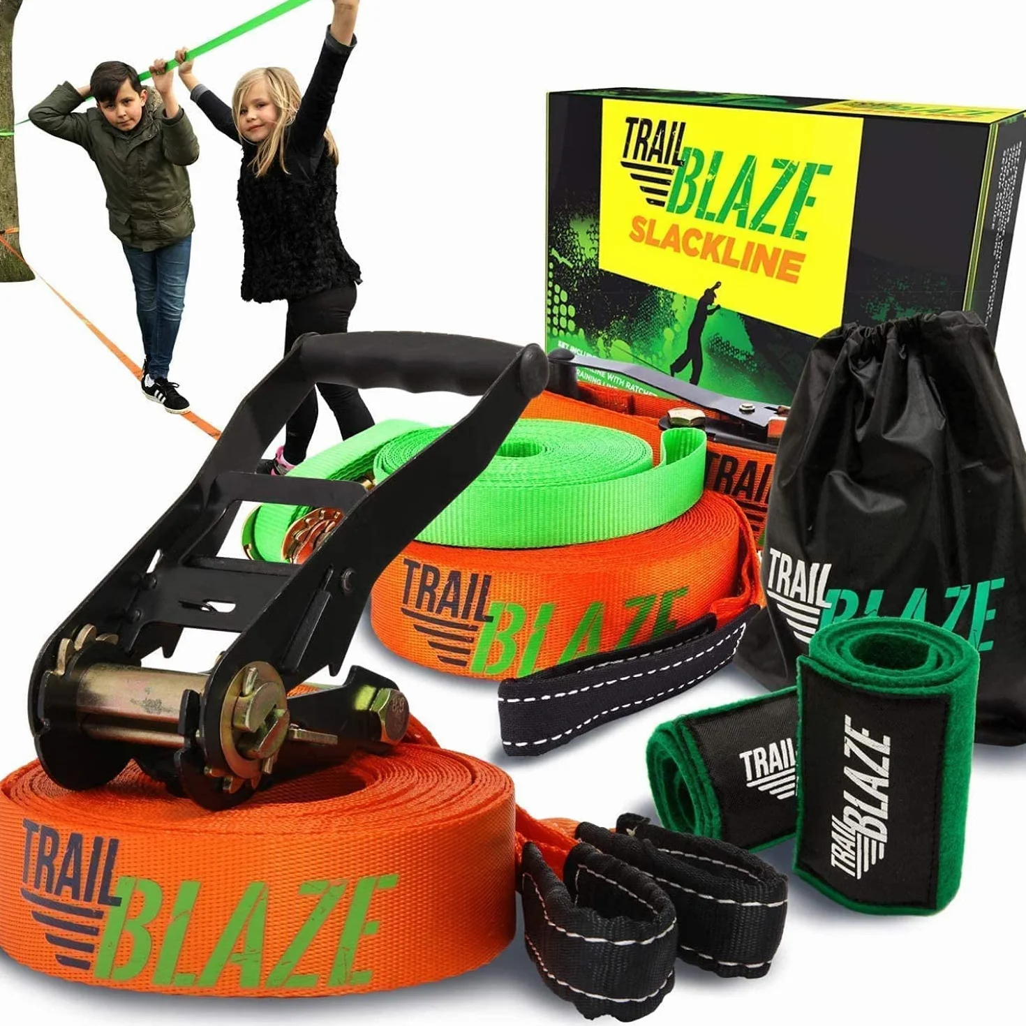 Slackline Kit completo per principianti Cinghia di apprendimento protezioni per albero borsa per il trasporto tecnologia cricchetto impugnatura ergonomica