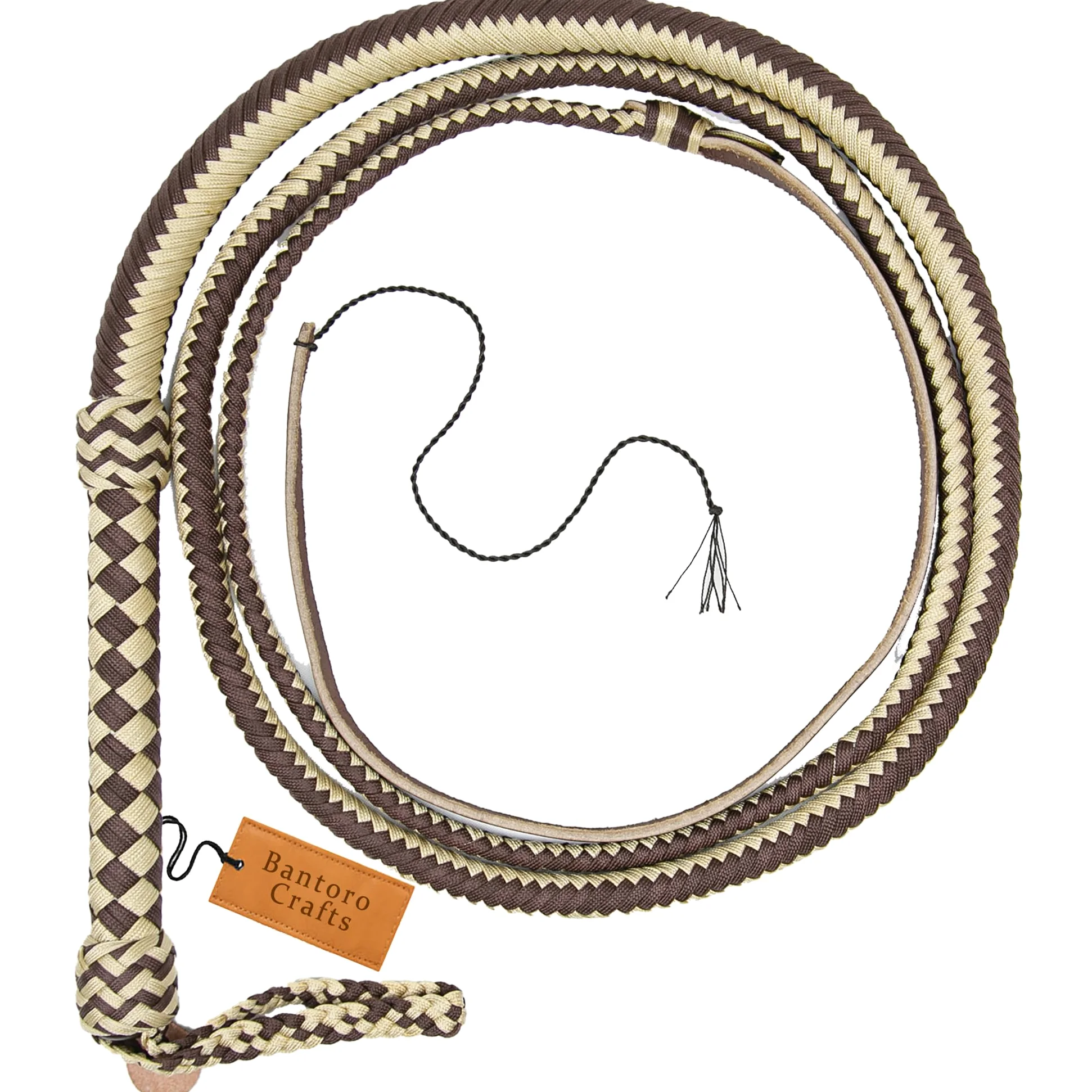 Paracord Marrone e Beige/Frusta in Nylon 16 Fili a trecce Pancia Intrecciata in Pelle e Rinforzo Interno in Pelle