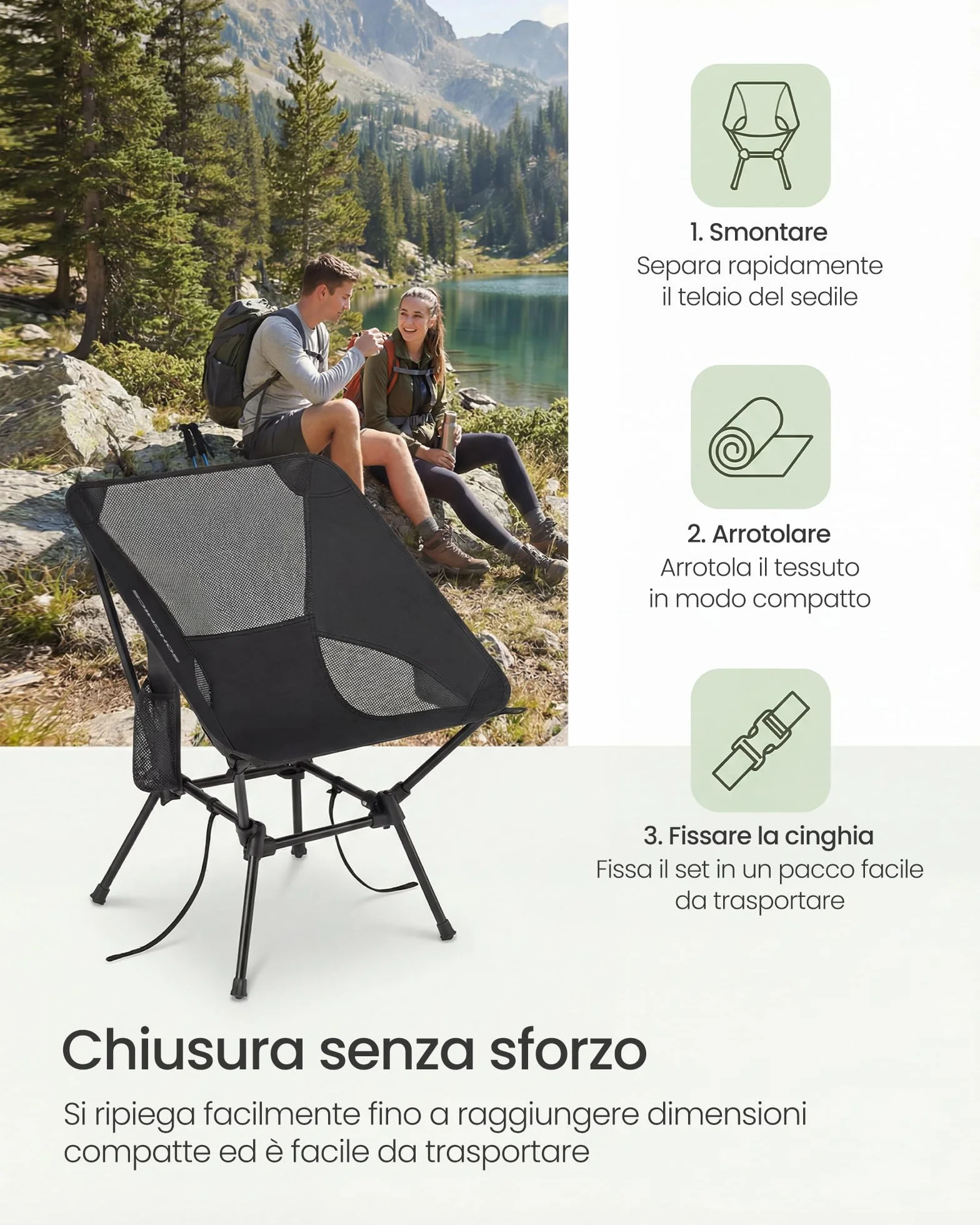 SONGMICS Sedie da Campeggio Regolabili, Set di 2, Acciaio, Portata 150 kg, Nero