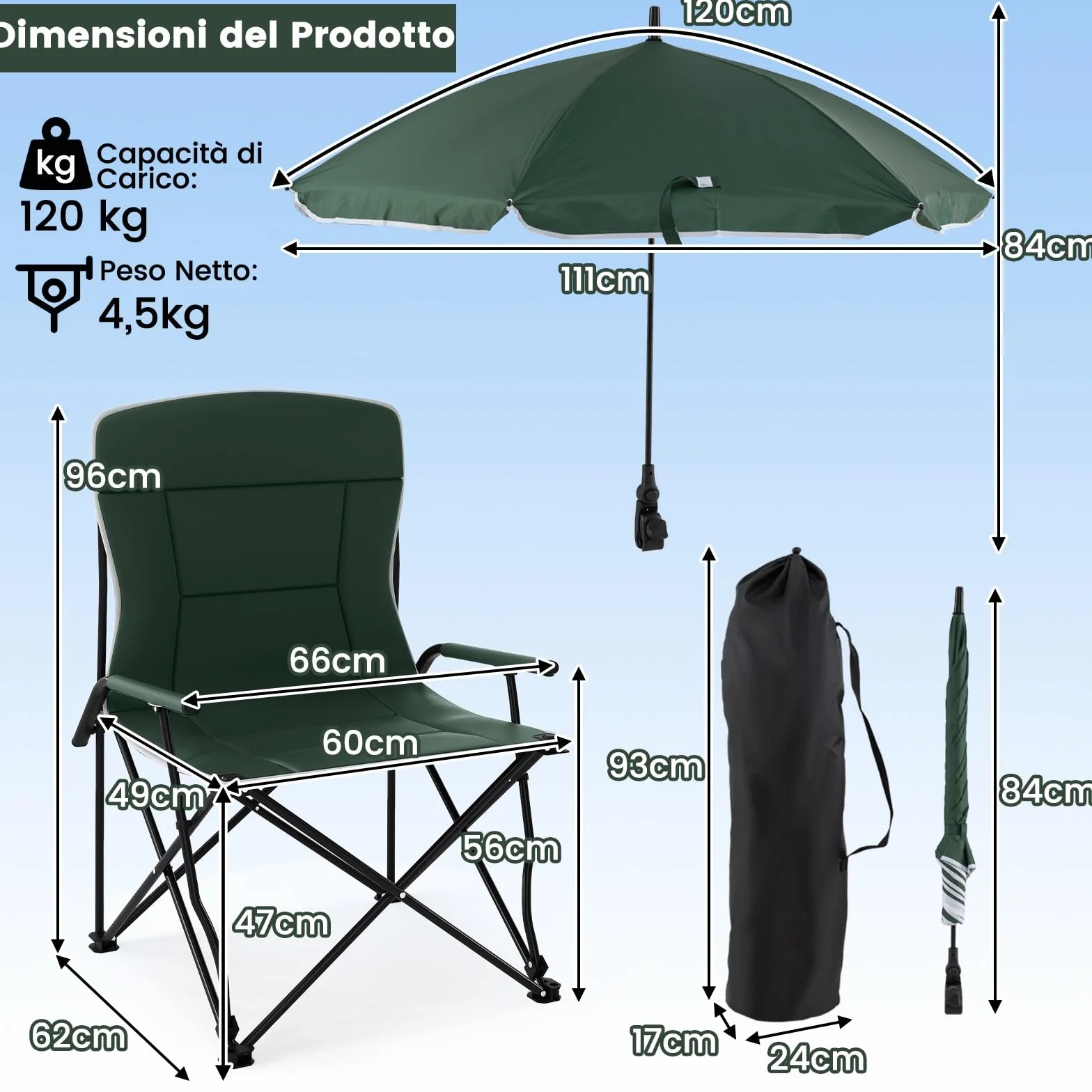 COSTWAY Sedia da Campeggio con Ombrello Regolabile, Portata 160 kg