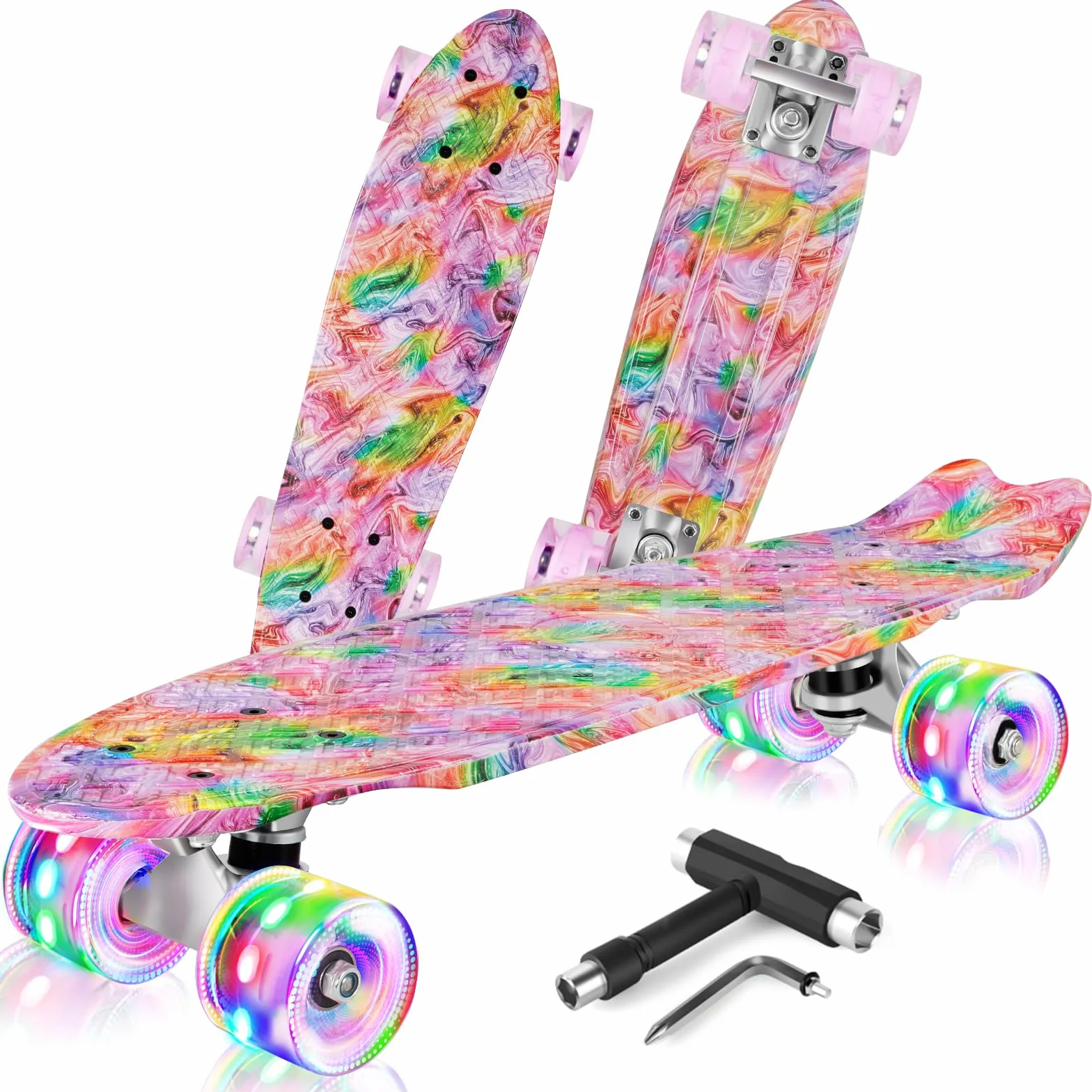 BELEEV Skateboard Cruiser da 55,9 cm per bambini, ragazzi, adolescenti, adulti, principianti, ruote luminose a LED, mini skateboard classico completo con attrezzo a T, carico massimo 99,8 kg