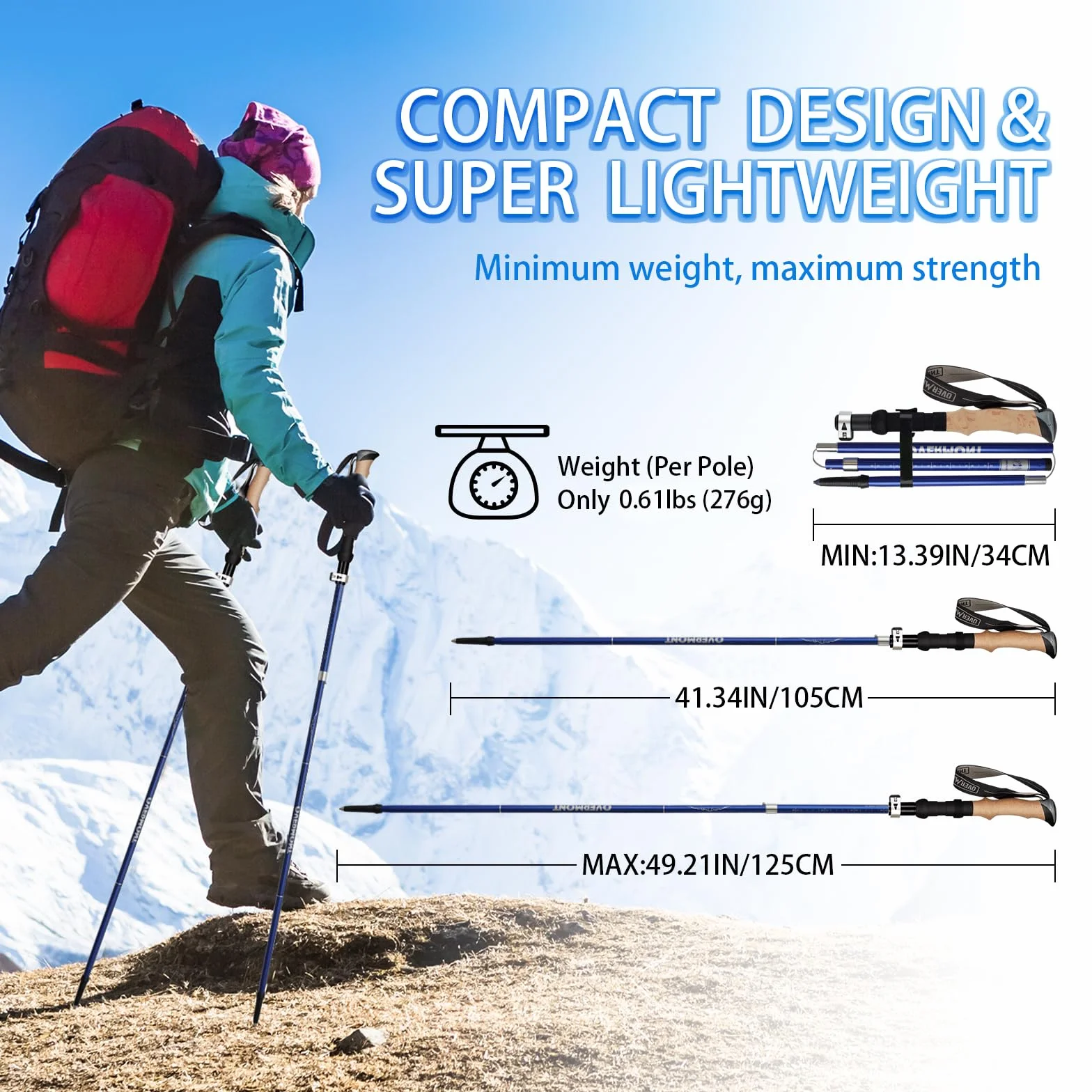 Overmont Bastoni da trekking pieghevoli in alluminio 105-125 cm 1 paio per tutto il terrain