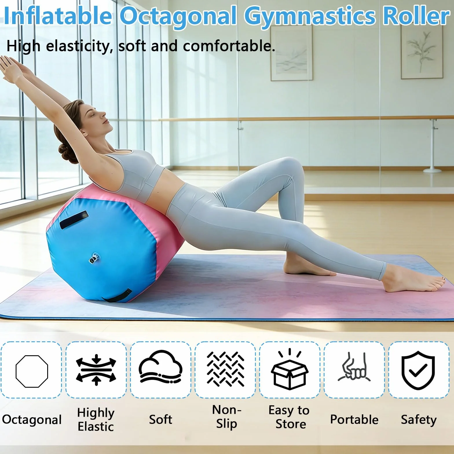 Rullo da ginnastica, 80 x 100 cm, gonfiabile, con pompa ad aria, tappetino da ginnastica ottagonale, per yoga, allenamento, fitness, palestra, uso domestico