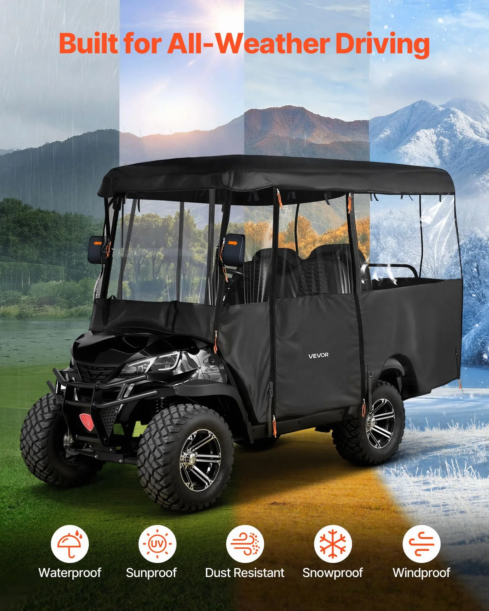 VEVOR Copertura per Carrello da Golf Visibile Antipioggia 4 Posti Tessuto Oxford 600D Impermeabile Finestre PVC Trasparente
