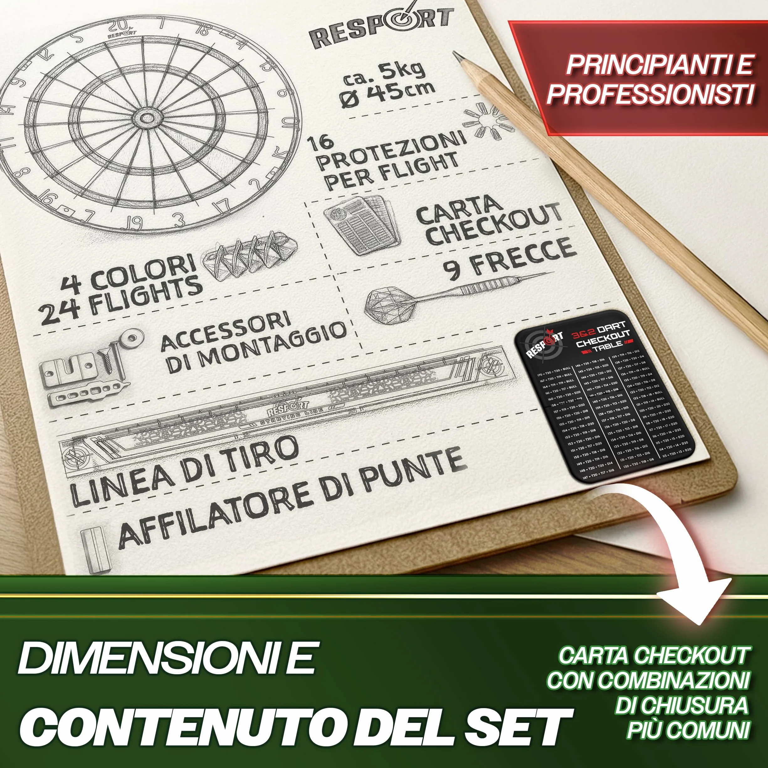 RE:SPORT® Bersaglio per freccette XXL in Sisal, set con 9 freccette professionali + accessori