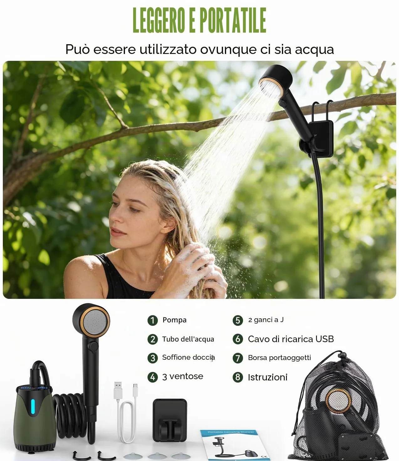Doccia da Campeggio Portatile, 8000mAh Doccia Portatile Pompa Doccia Subacquea Ricaricabile USB Display LCD, IPX8, per Camper, Viaggio, Spiaggia, Animali Domestici