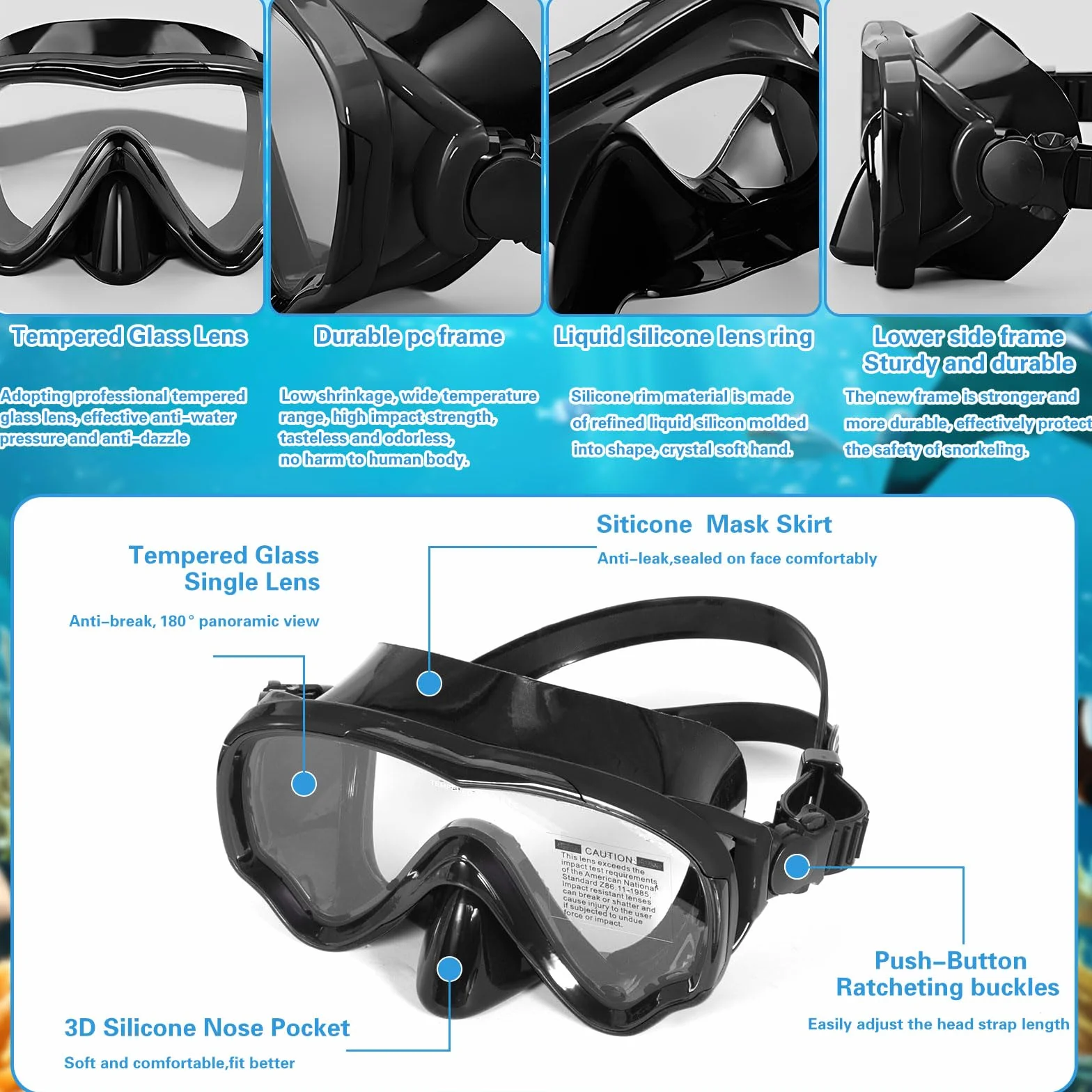 Maschera Snorkeling Panoramica 180° Anti-Nebbia Subacquea Adulti con Boccaglio Nero