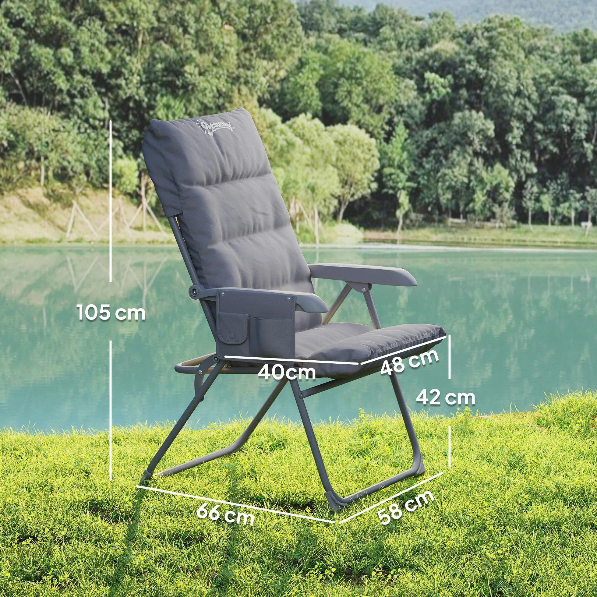 Outsunny Sedia da Campeggio Pieghevole con Schienale Alto Regolabile su 5 Livelli e Tasche Laterali, Sedia da Giardino in Tessuto Oxford e Metallo, Portata Fino a 120 kg, 66x58x105 cm, Grigio Chiaro
