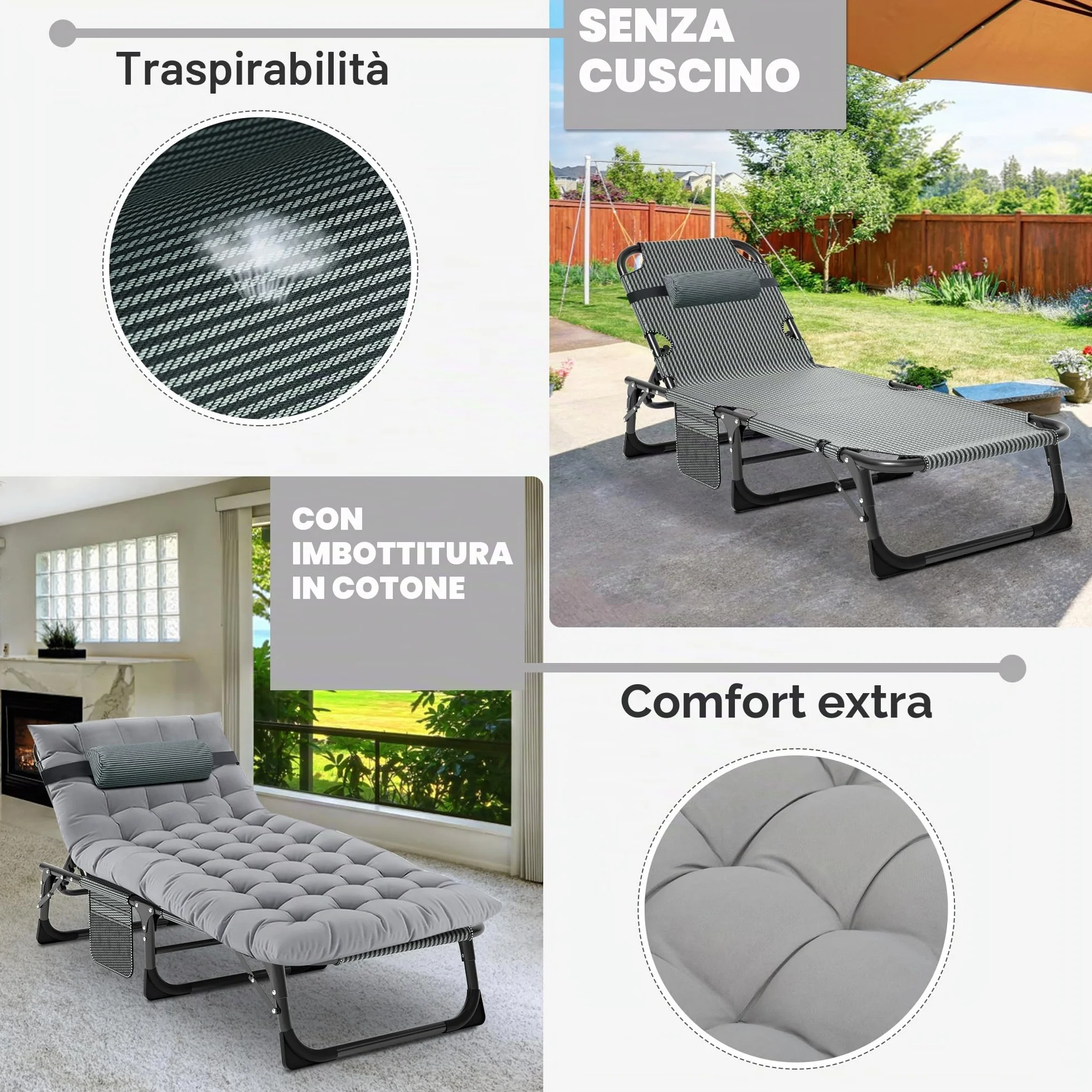 MOPHOTO Lettino prendisole pieghevole per giardino con materasso, schienale e gambe regolabili, portatile, per interni ed esterni, sedia a sdraio pieghevole per abbronzatura al sole, perfetta per